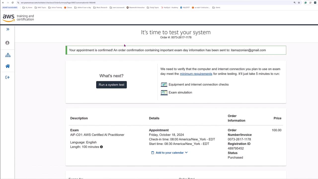 The image shows a confirmation page for an AWS Certified AI Practitioner exam appointment, including details like the exam date, time, and order information. It also prompts the user to run a system test to verify equipment and internet connection.