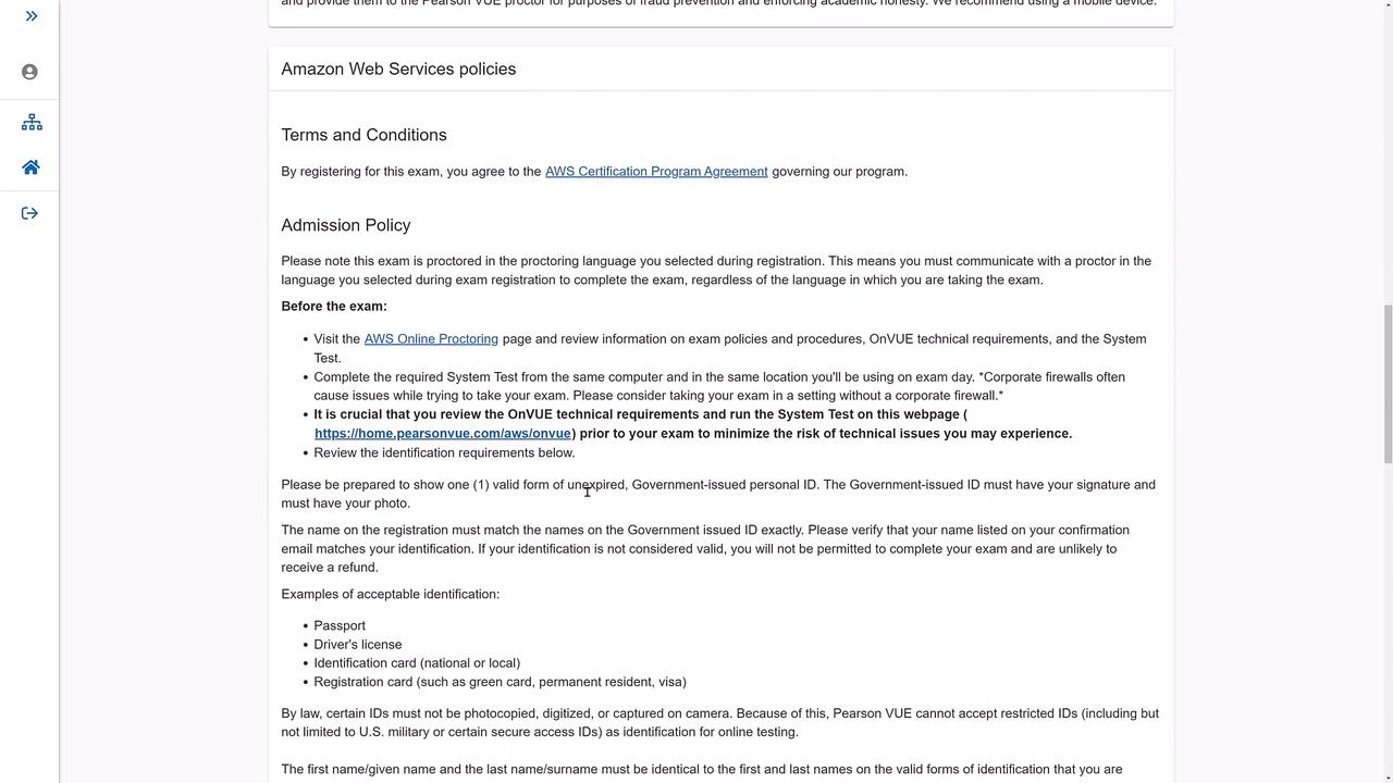 The image contains text detailing Amazon Web Services policies, terms and conditions, and an admission policy for an exam, including instructions for online proctoring and identification requirements.