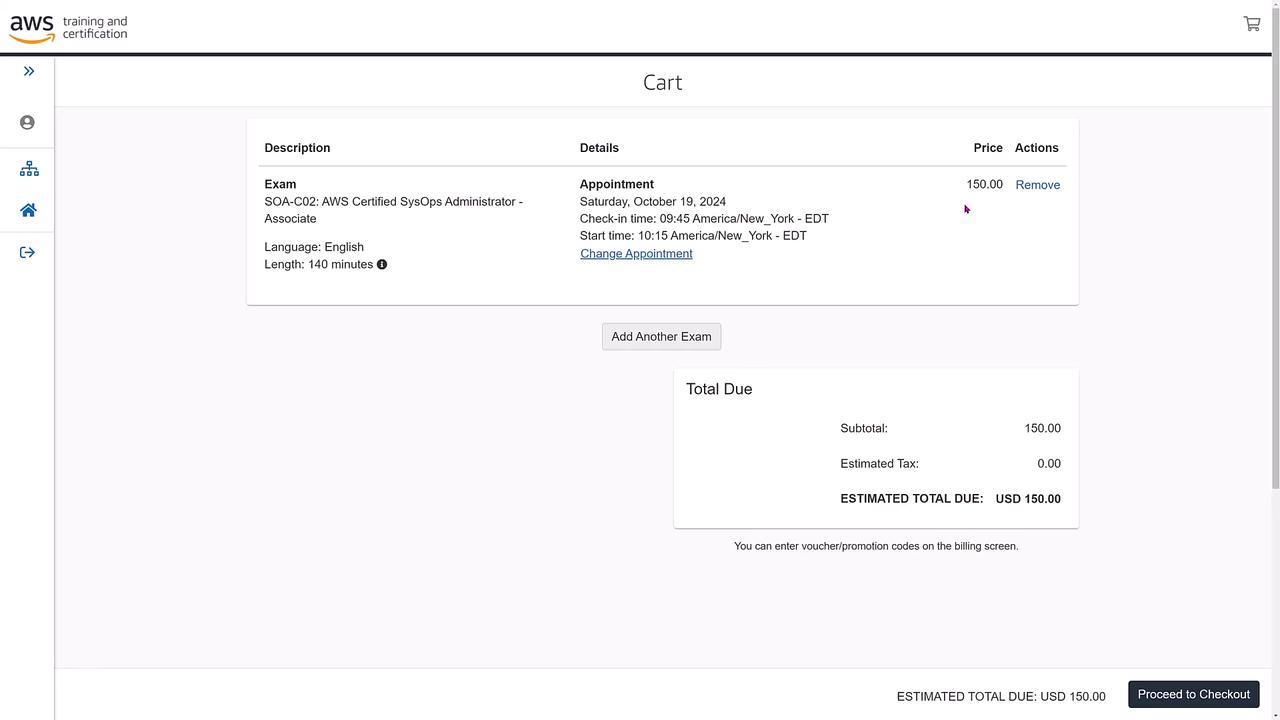The image shows a shopping cart page for an AWS certification exam, specifically the "AWS Certified SysOps Administrator - Associate" exam, with a total due of USD 150.00.