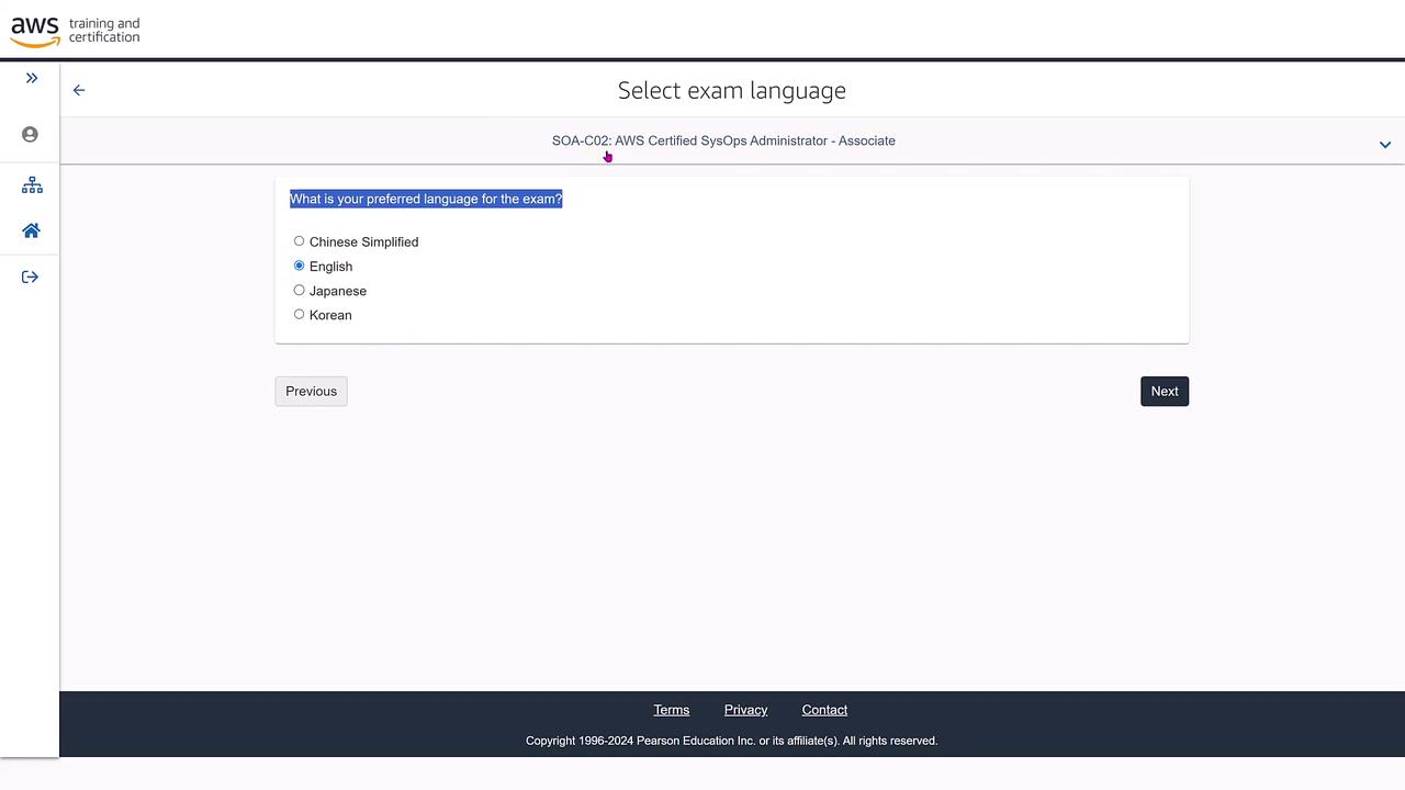 The image shows a language selection screen for the AWS Certified SysOps Administrator - Associate exam, with options for Chinese Simplified, English, Japanese, and Korean. The English option is selected.