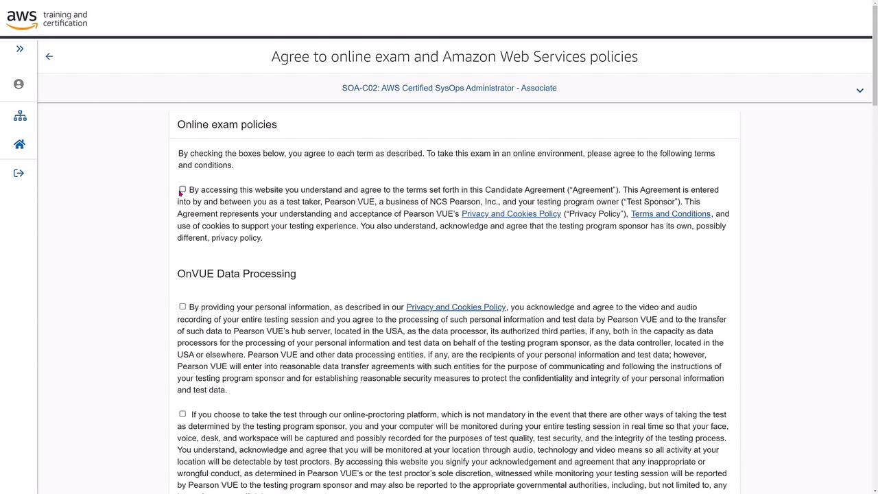The image shows an online exam policy agreement page for AWS Certified SysOps Administrator - Associate, detailing terms and conditions and data processing information.