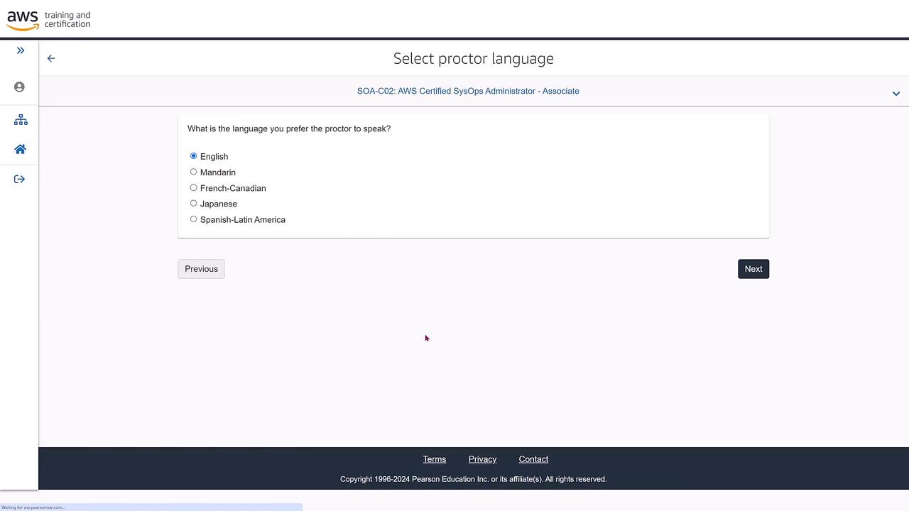 The image shows a webpage for selecting a proctor language for the AWS Certified SysOps Administrator - Associate exam, with options including English, Mandarin, French-Canadian, Japanese, and Spanish-Latin America.