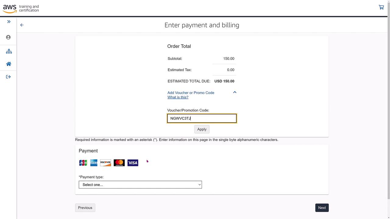 The image shows an AWS Training and Certification payment and billing page, displaying an order total of $150.00 with a section to enter a voucher or promo code and select a payment type.