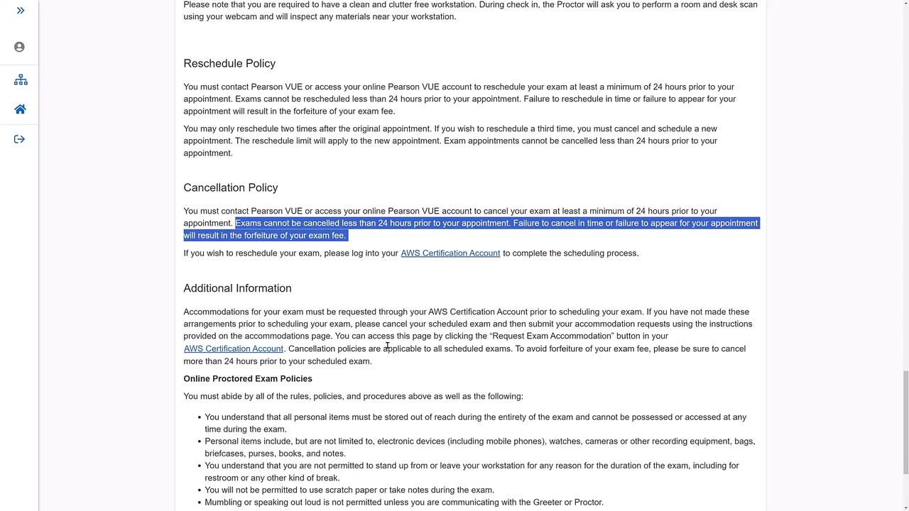 The image contains text detailing policies for rescheduling and canceling exams, along with additional information and online proctored exam policies.