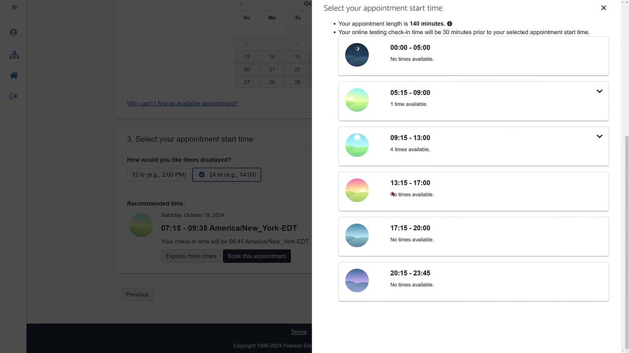 The image shows an online appointment scheduling interface with various time slots, some of which are available and others not. It includes details like appointment length, check-in time, and time display preferences.