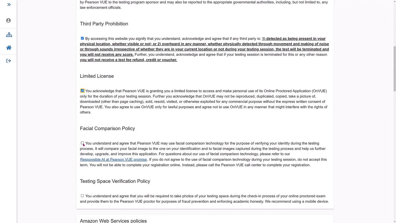 The image shows a section of terms and conditions related to Pearson VUE, covering topics like third-party prohibition, limited license, facial comparison policy, and testing space verification policy.