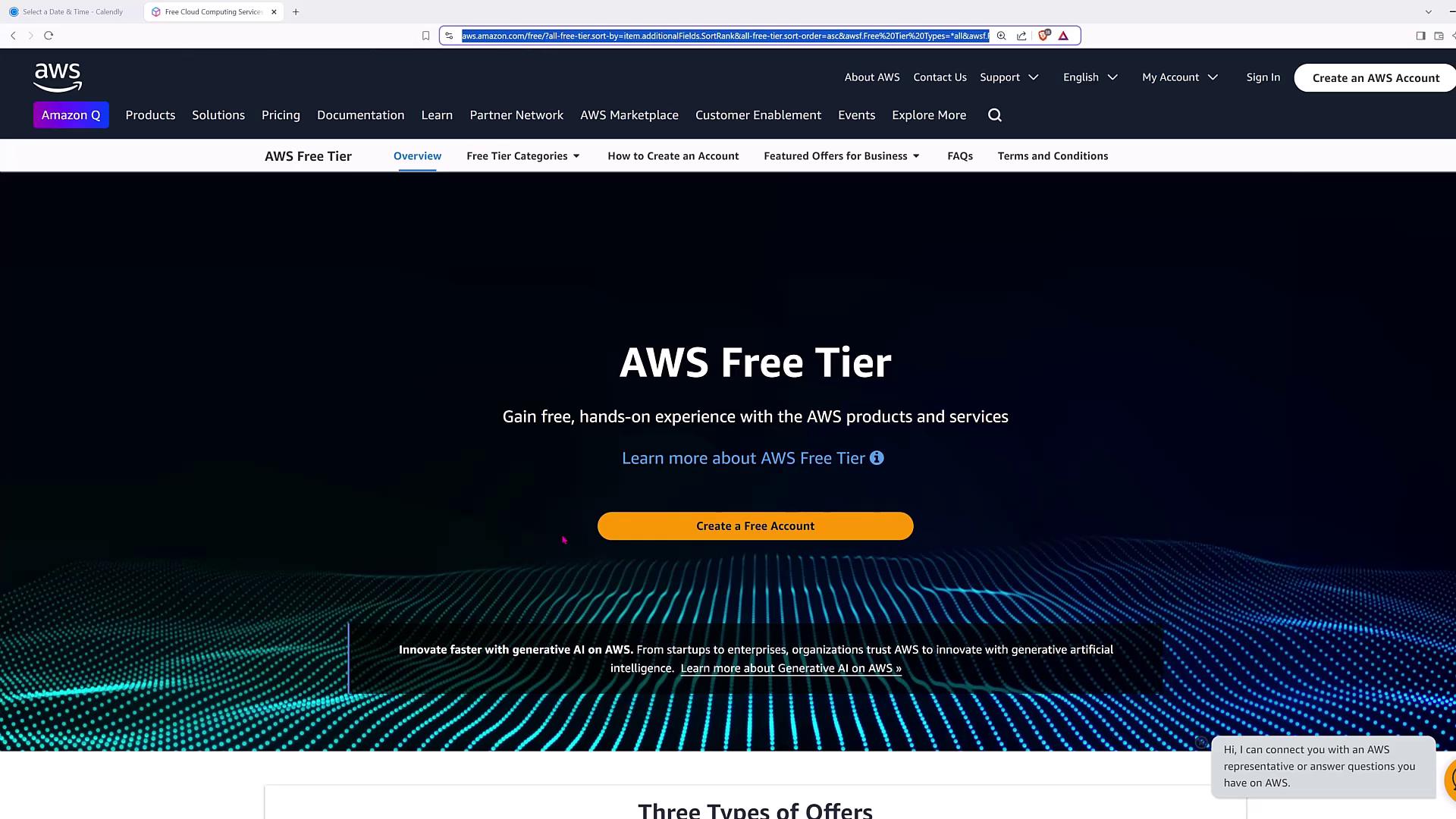 The image shows a webpage for the AWS Free Tier, offering information about free access to AWS products and services, with a button to create a free account.