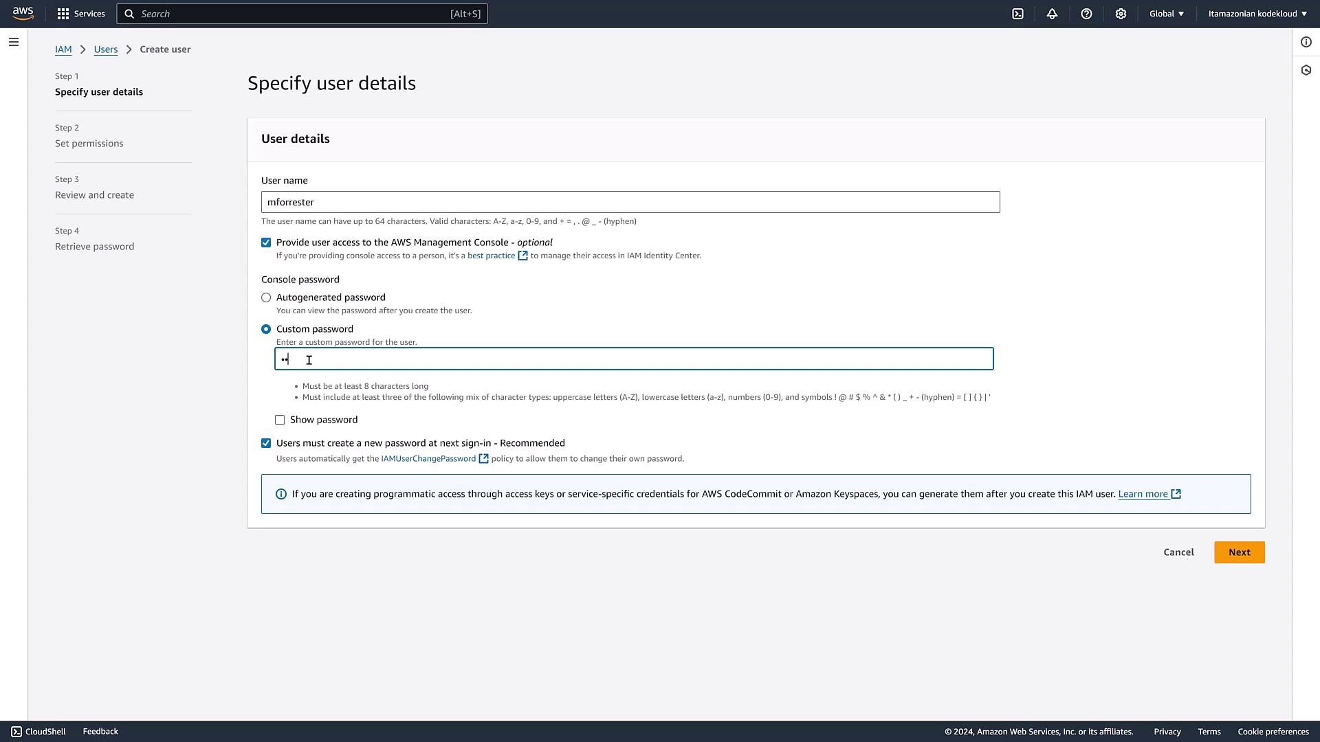 The image shows an AWS IAM user creation interface where user details are being specified, including options for setting a console password.