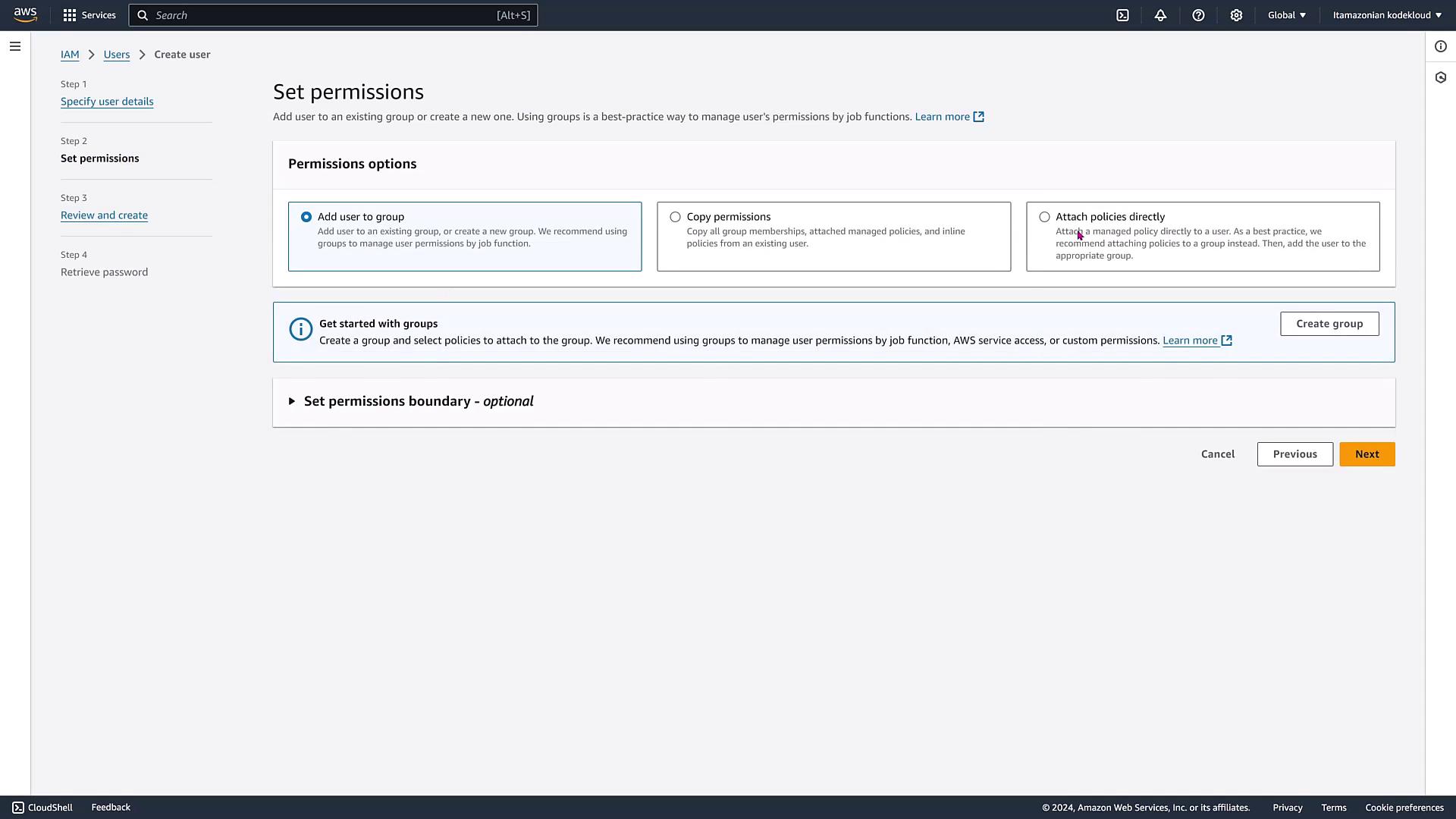 The image shows an AWS IAM interface for setting user permissions, with options to add a user to a group, copy permissions, or attach policies directly. There is also an option to set a permissions boundary.