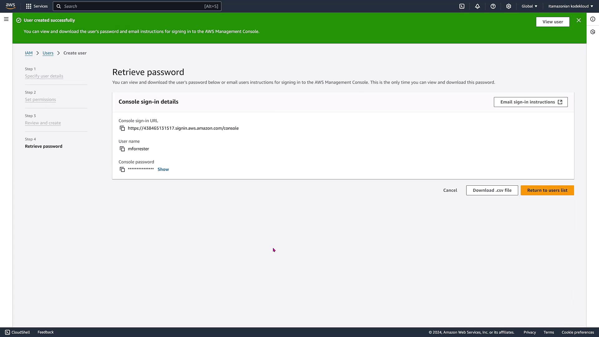 The image shows an AWS Management Console screen where a user has been successfully created. It displays the console sign-in details, including a URL, username, and an option to view the password.