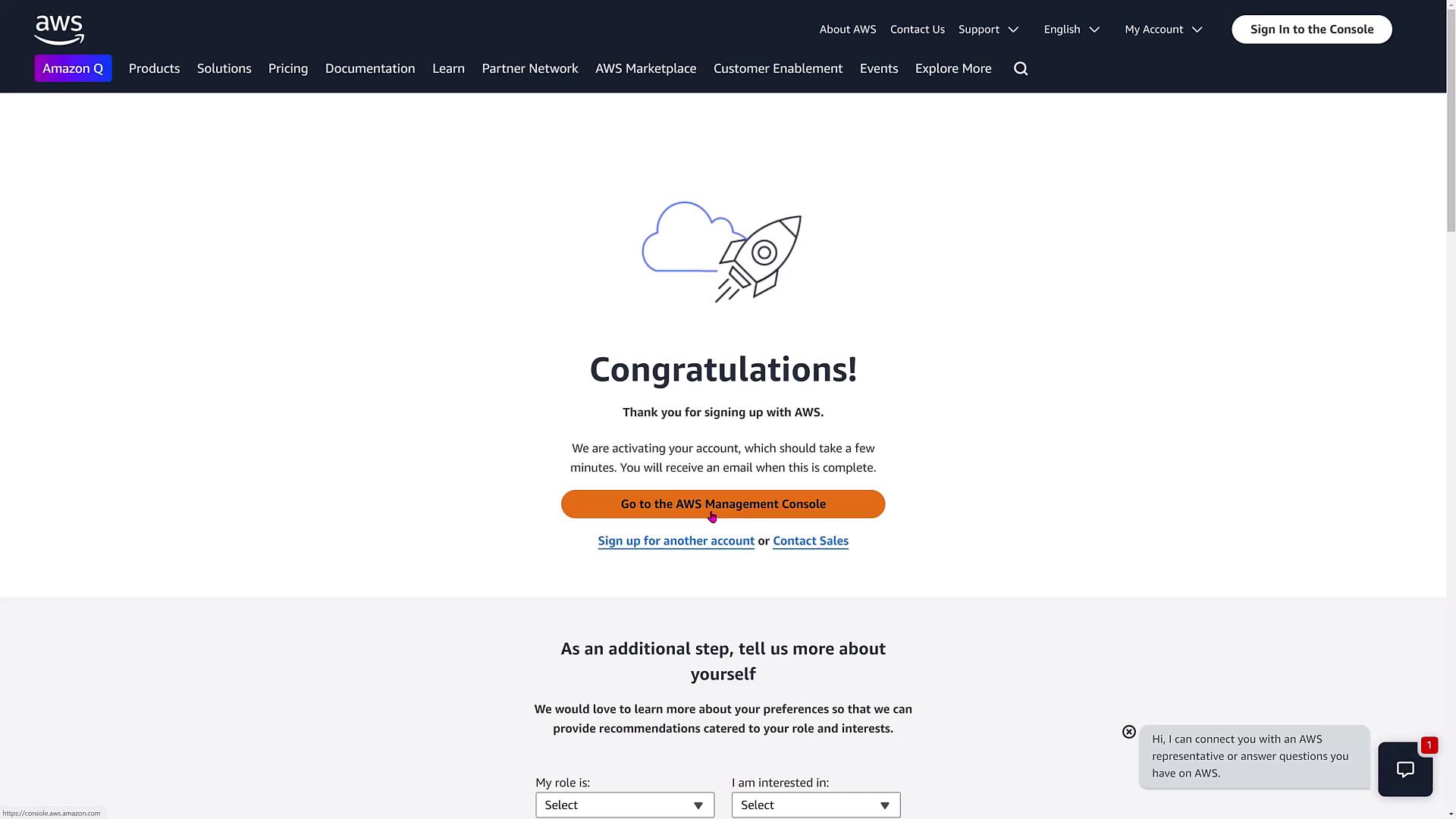 The image shows an AWS sign-up confirmation page with a congratulatory message and options to access the AWS Management Console or contact sales. There is also a section asking for additional user information.