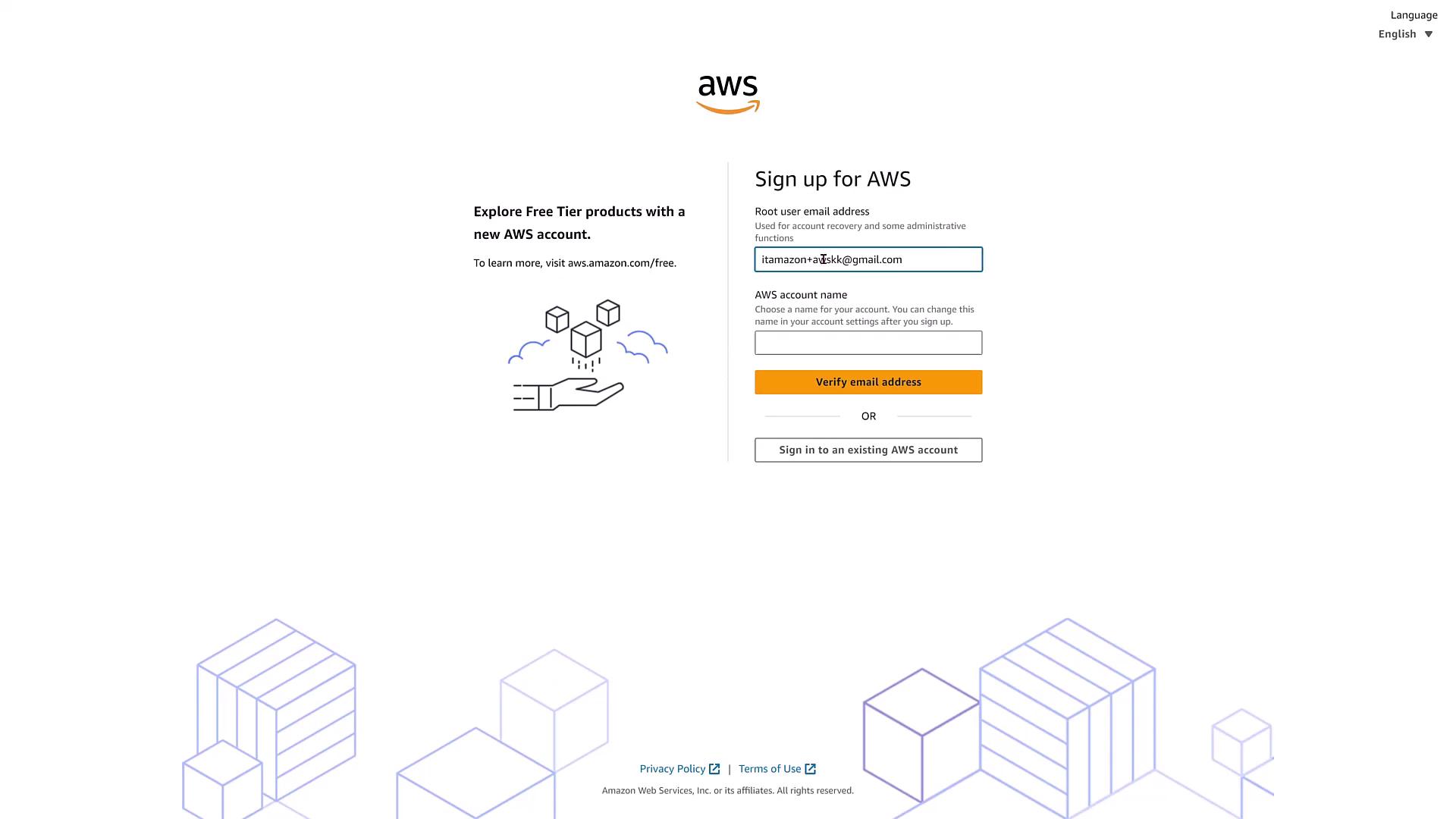 The image shows an AWS sign-up page with fields for entering an email address and account name, along with options to verify the email or sign in to an existing account. There are also illustrations of cubes and a hand, suggesting cloud services.