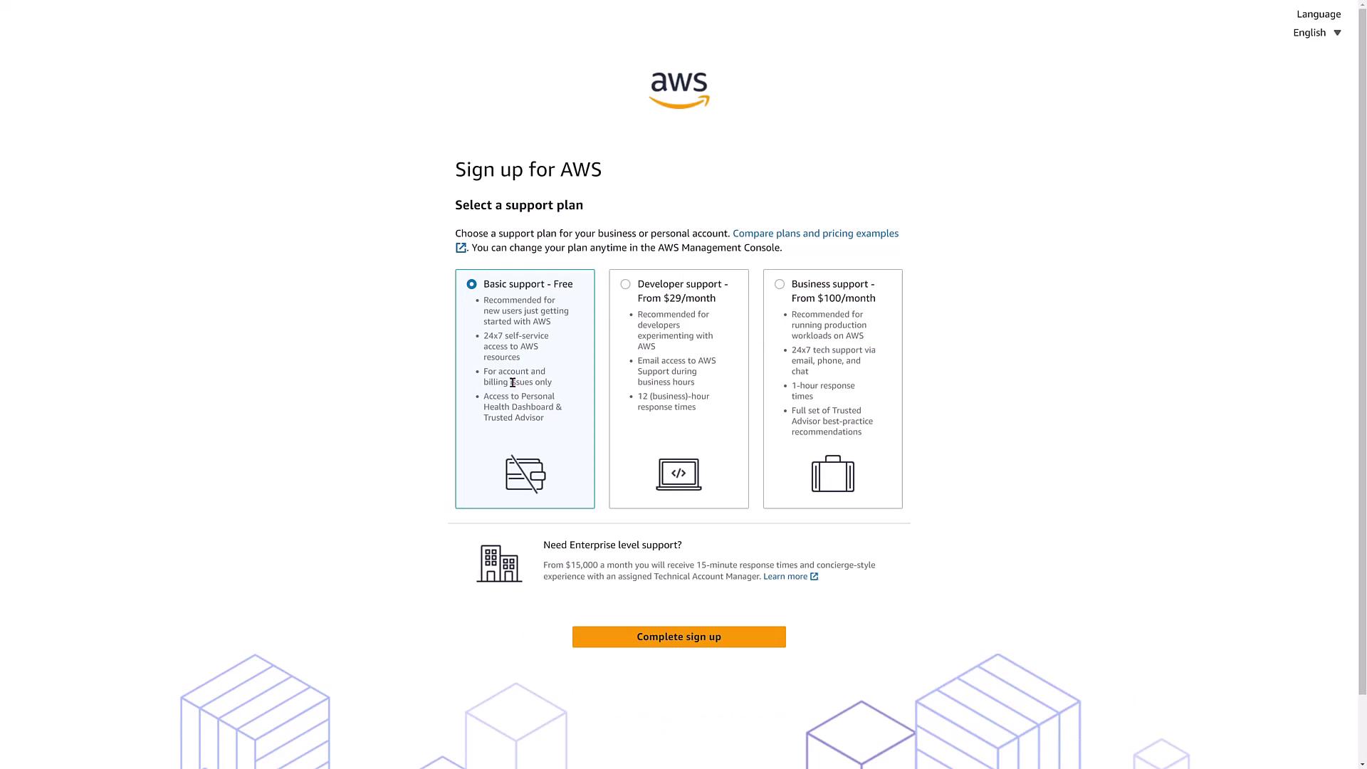 The image shows an AWS sign-up page with options for selecting a support plan, including Basic, Developer, and Business support tiers. Each plan is briefly described with pricing and features, and there's a button to complete the sign-up process.