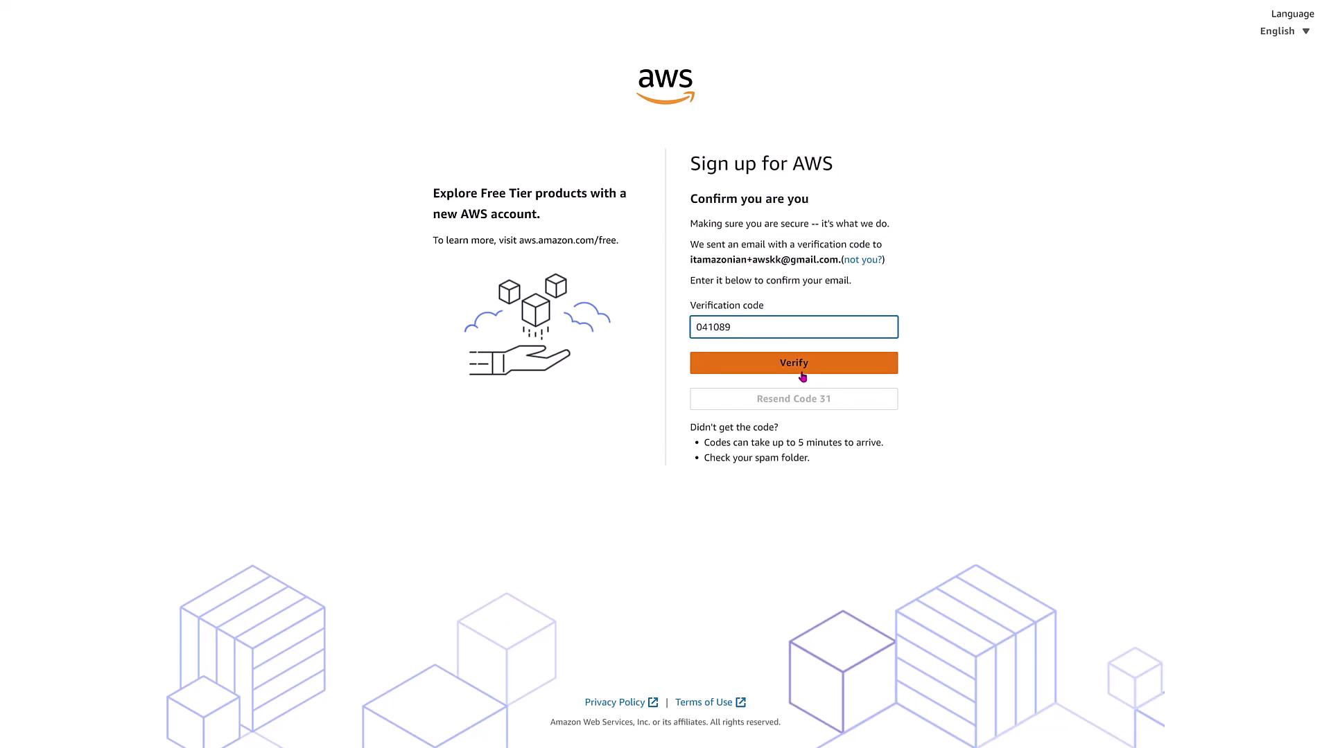 The image shows an AWS sign-up page with a verification code entry section and a prompt to explore free tier products.