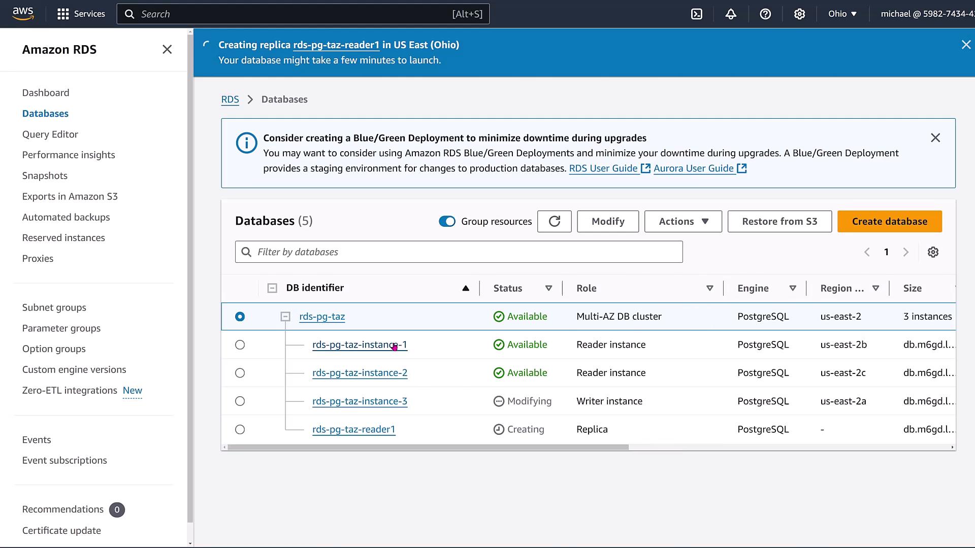 The image shows an Amazon RDS dashboard displaying a list of databases with their identifiers, statuses, roles, engines, regions, and sizes. It includes options for managing databases and a notification about creating a Blue/Green Deployment.