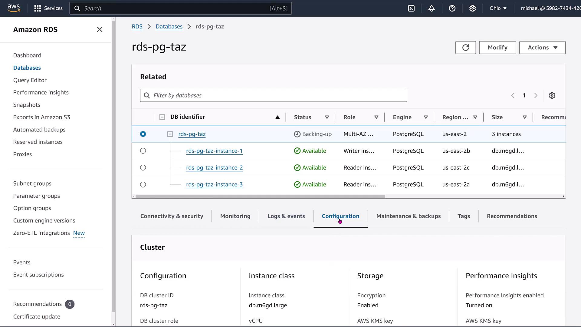 The image shows an Amazon RDS dashboard displaying details of a PostgreSQL database cluster named "rds-pg-taz," including its instances, status, and configuration settings.