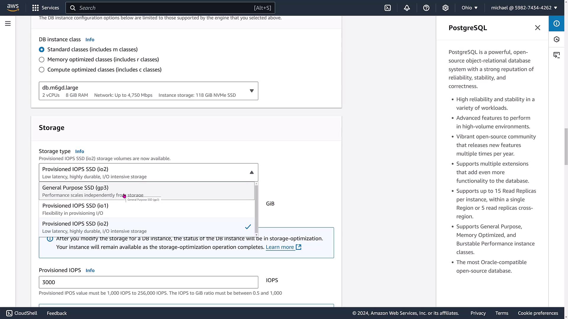 The image shows an AWS console interface for configuring a PostgreSQL database instance, including options for DB instance class and storage type selection.