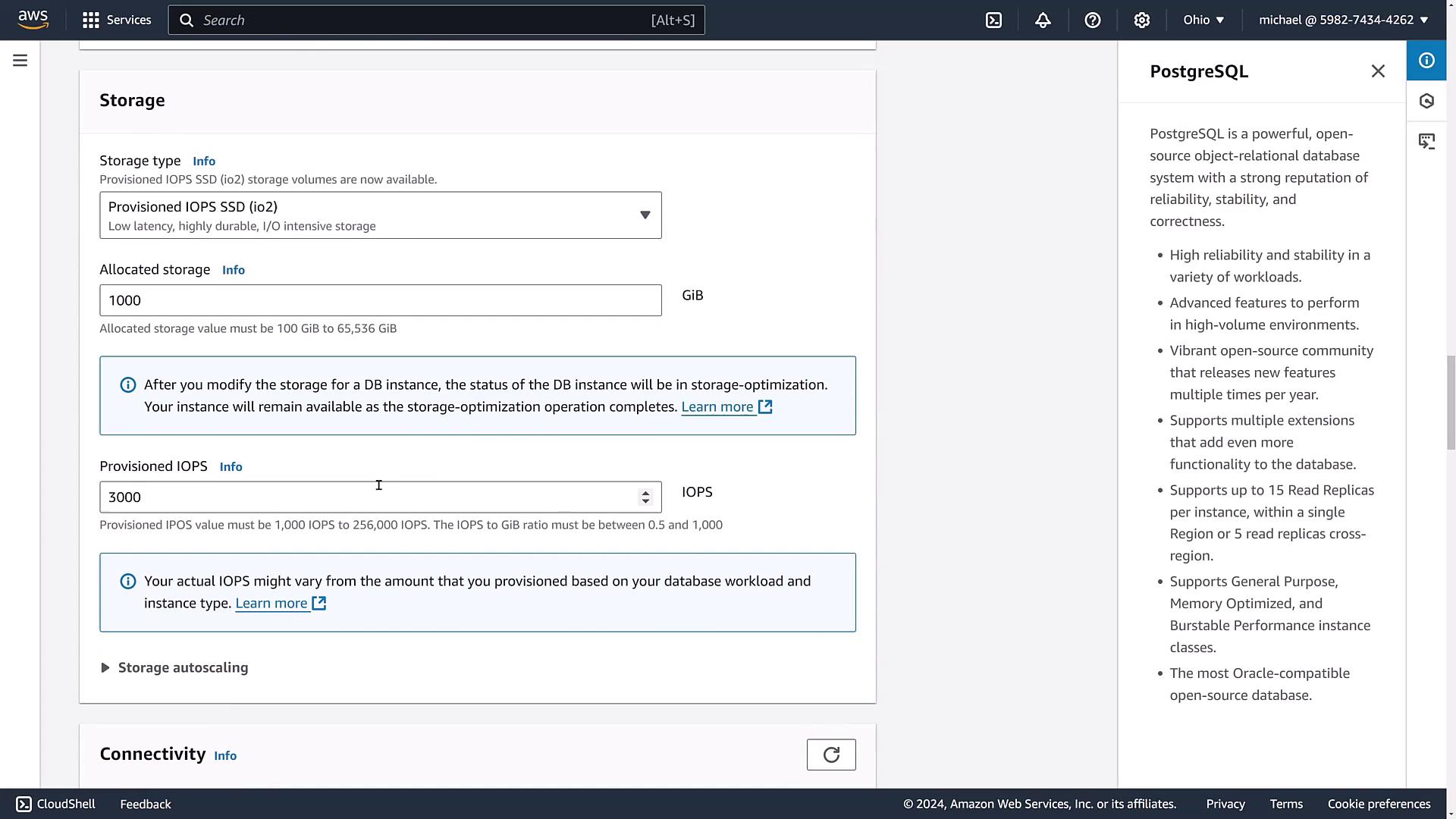 The image shows an AWS console interface for configuring storage settings for a PostgreSQL database, including options for storage type, allocated storage, and provisioned IOPS.