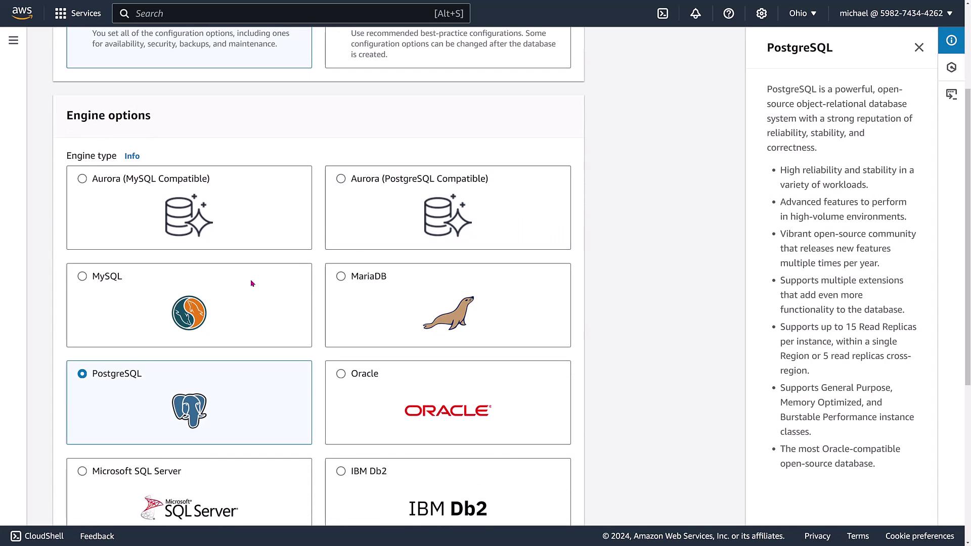 The image shows a selection screen for database engine options on AWS, including Aurora, MySQL, MariaDB, PostgreSQL, Oracle, Microsoft SQL Server, and IBM Db2. The PostgreSQL option is highlighted, with a description of its features on the right.