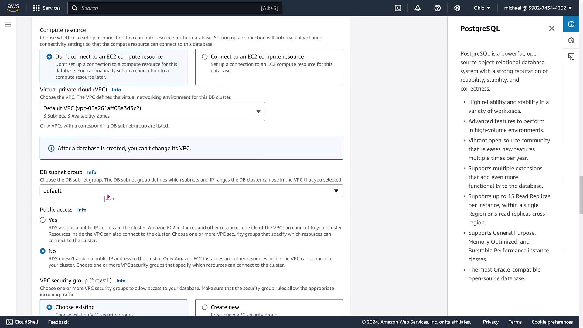 The image shows an AWS management console interface for setting up a PostgreSQL database, including options for compute resources, VPC, DB subnet group, public access, and VPC security group.