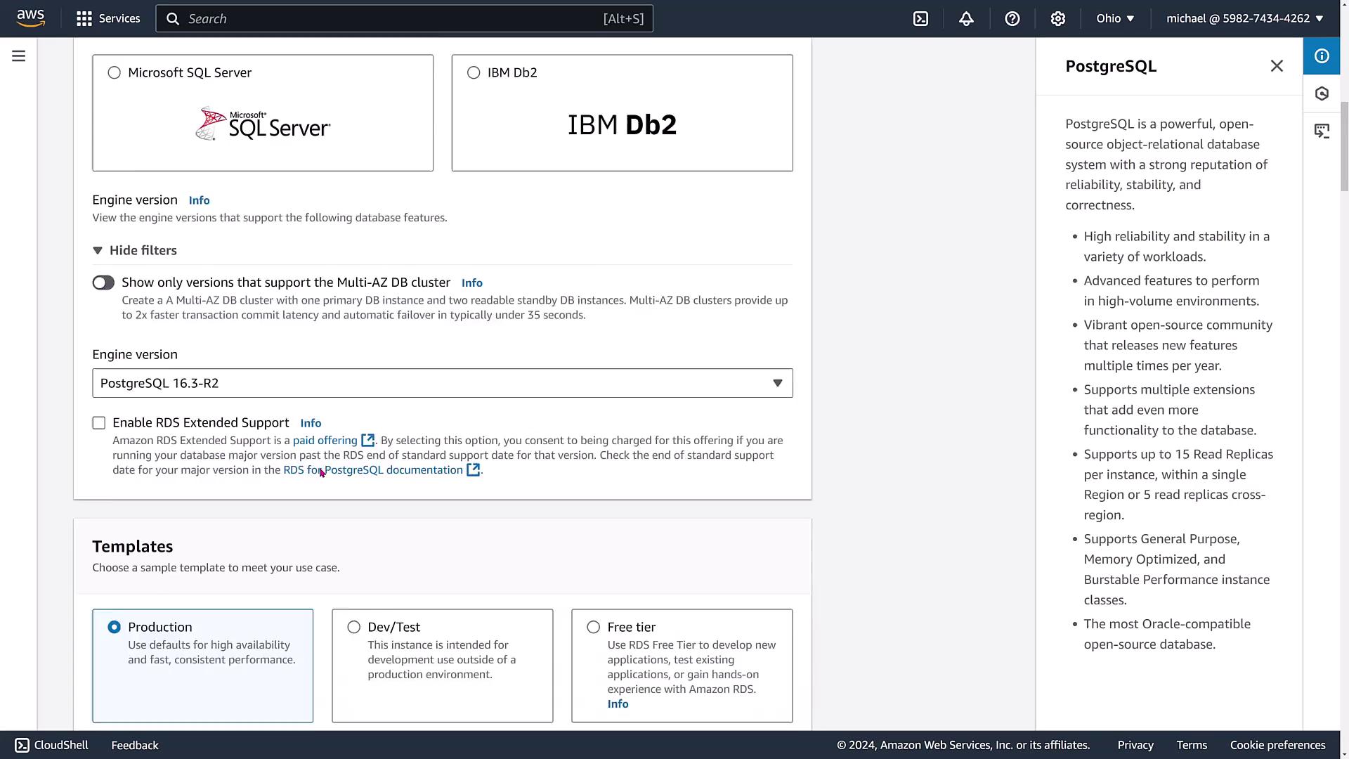 The image shows an AWS RDS console interface for selecting a database engine, with options for Microsoft SQL Server and IBM Db2, and details about PostgreSQL. It includes engine version selection, RDS Extended Support, and template options for production, development, and free tier use cases.