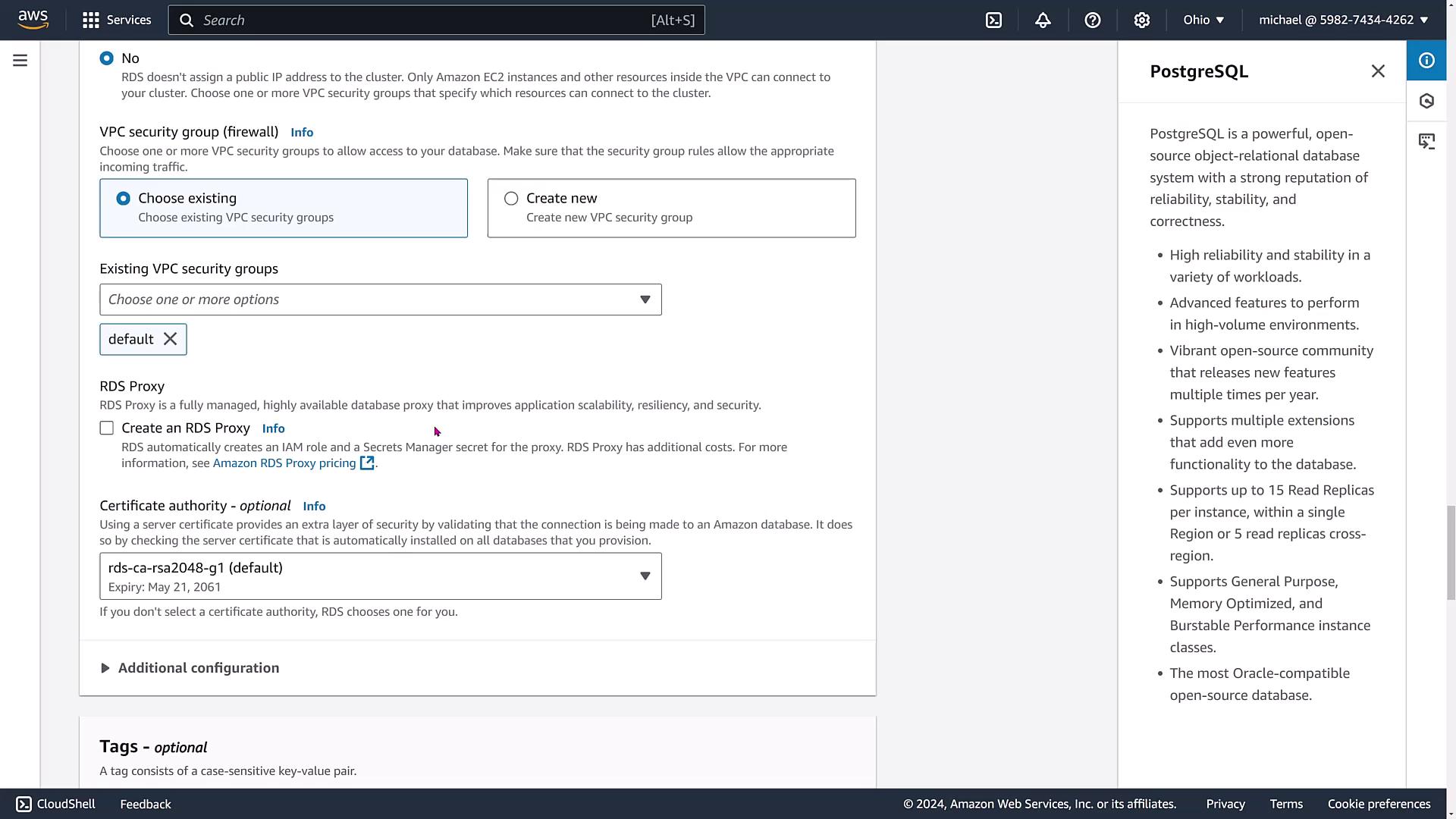 The image shows an AWS RDS configuration screen for setting up a PostgreSQL database, including options for VPC security groups, RDS Proxy, and certificate authority.