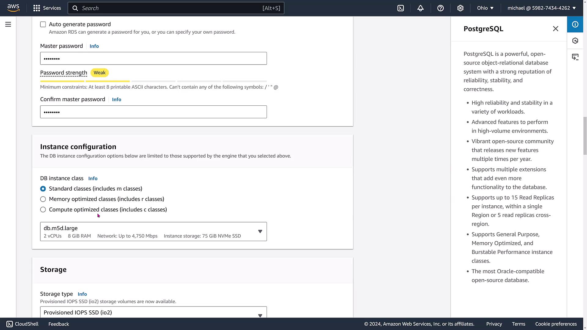 The image shows an AWS RDS configuration screen for setting up a PostgreSQL database, including options for password strength, instance configuration, and storage type.