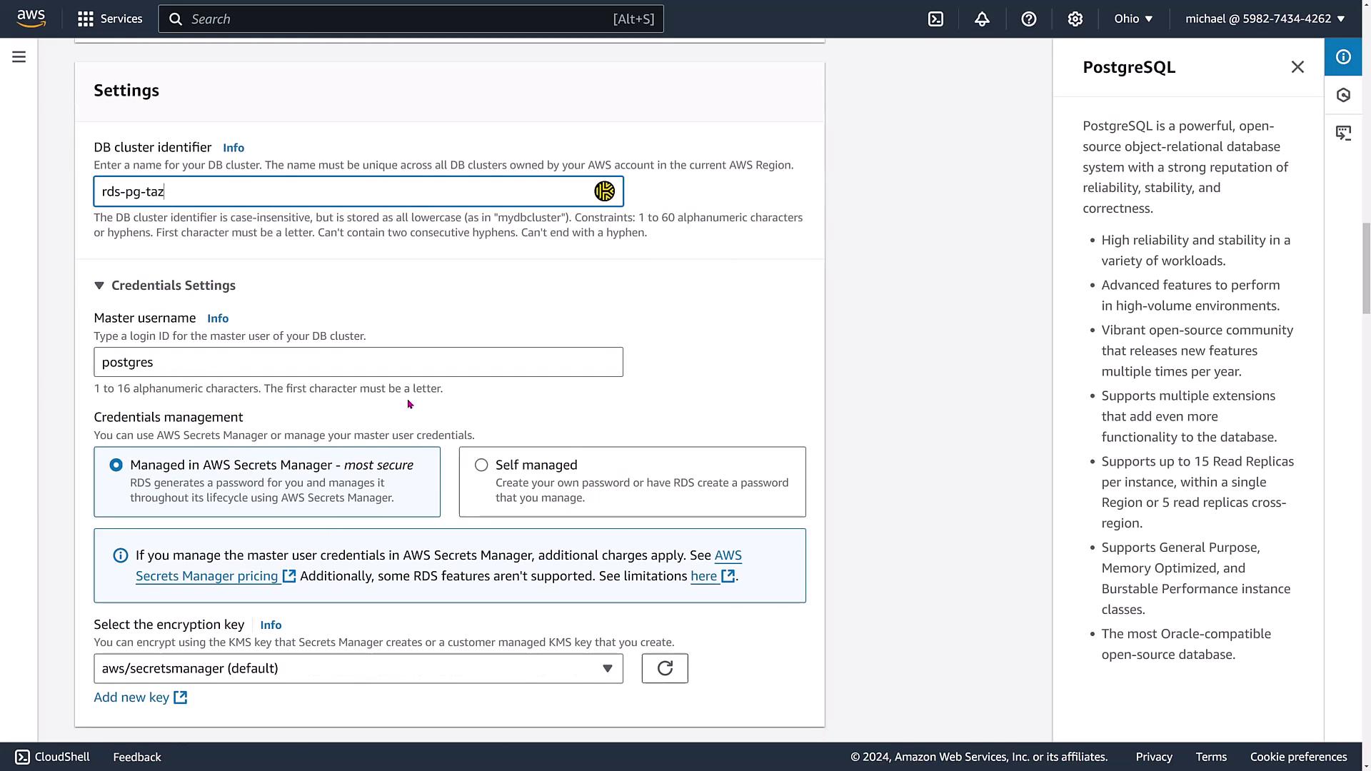 The image shows an AWS RDS settings page for configuring a PostgreSQL database cluster, including fields for DB cluster identifier, master username, and credentials management options.