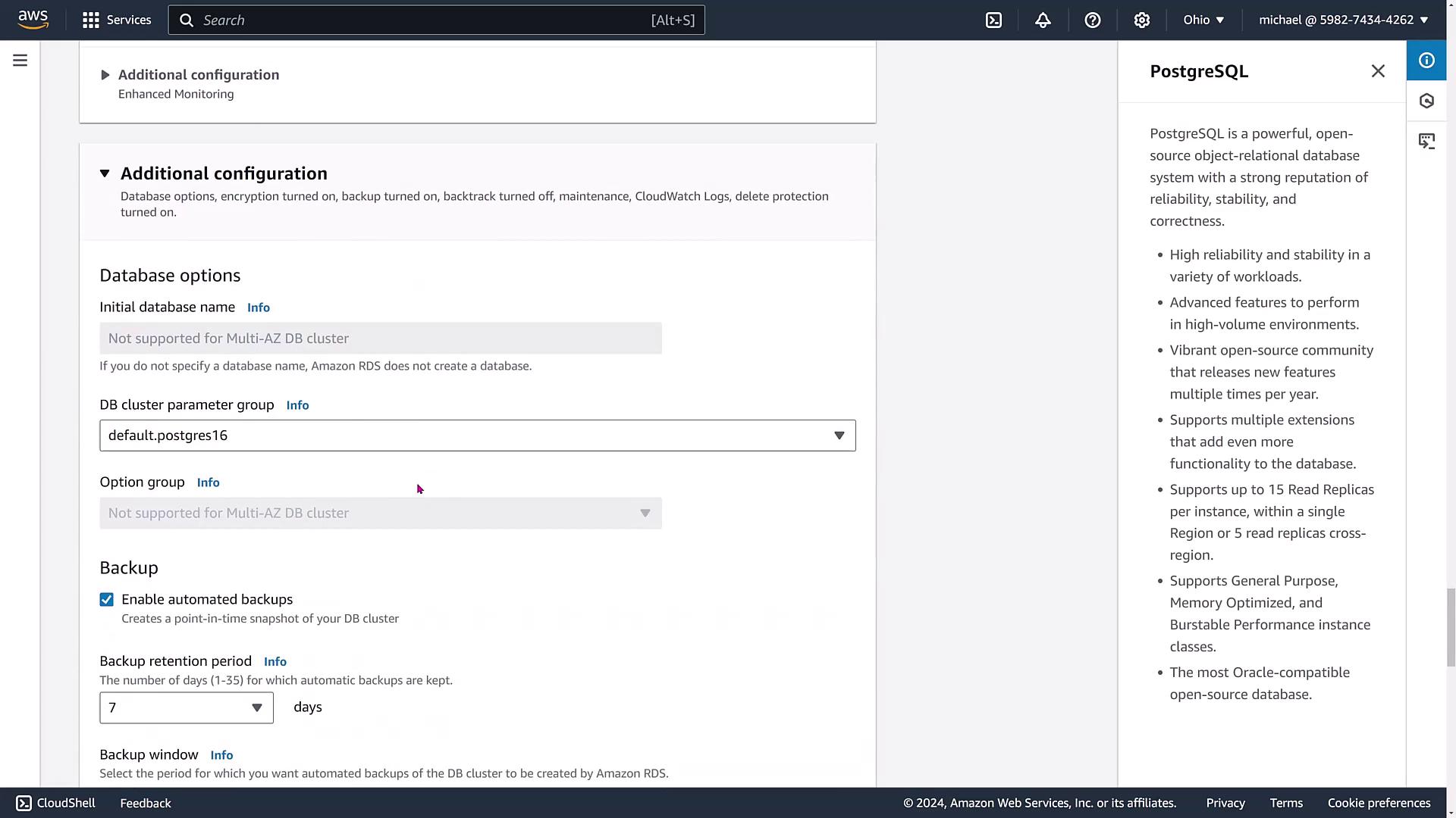 The image shows a configuration screen for setting up a PostgreSQL database on Amazon RDS, including options for database parameters and backup settings.