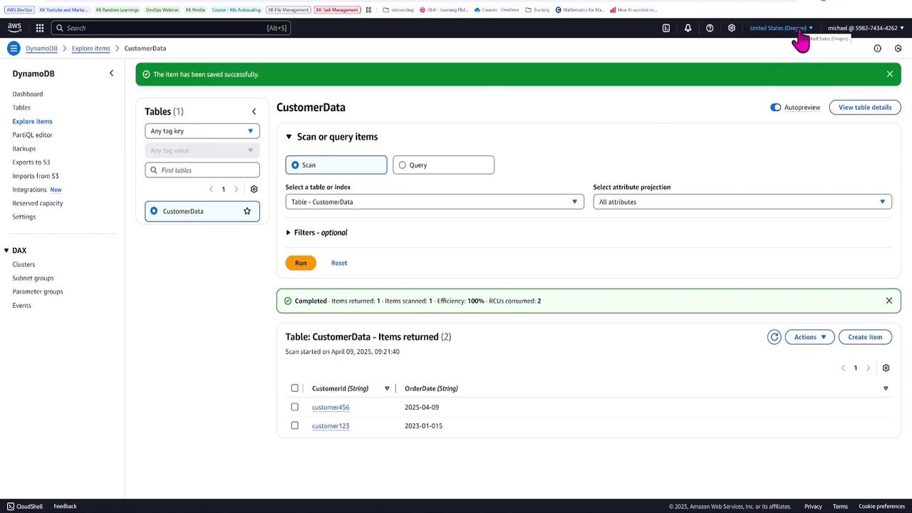 The image shows an AWS DynamoDB console interface displaying a table named "CustomerData" with options to scan or query items. Two entries are listed with customer IDs and order dates.