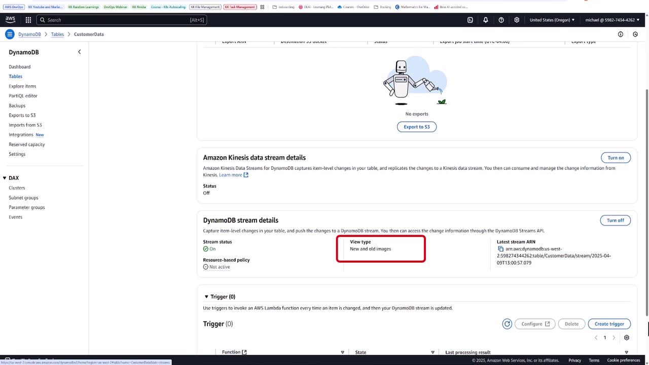 The image shows an AWS DynamoDB console interface with details about data streams, including Amazon Kinesis and DynamoDB stream settings. The DynamoDB stream is active, and the view type is set to "New and old images."