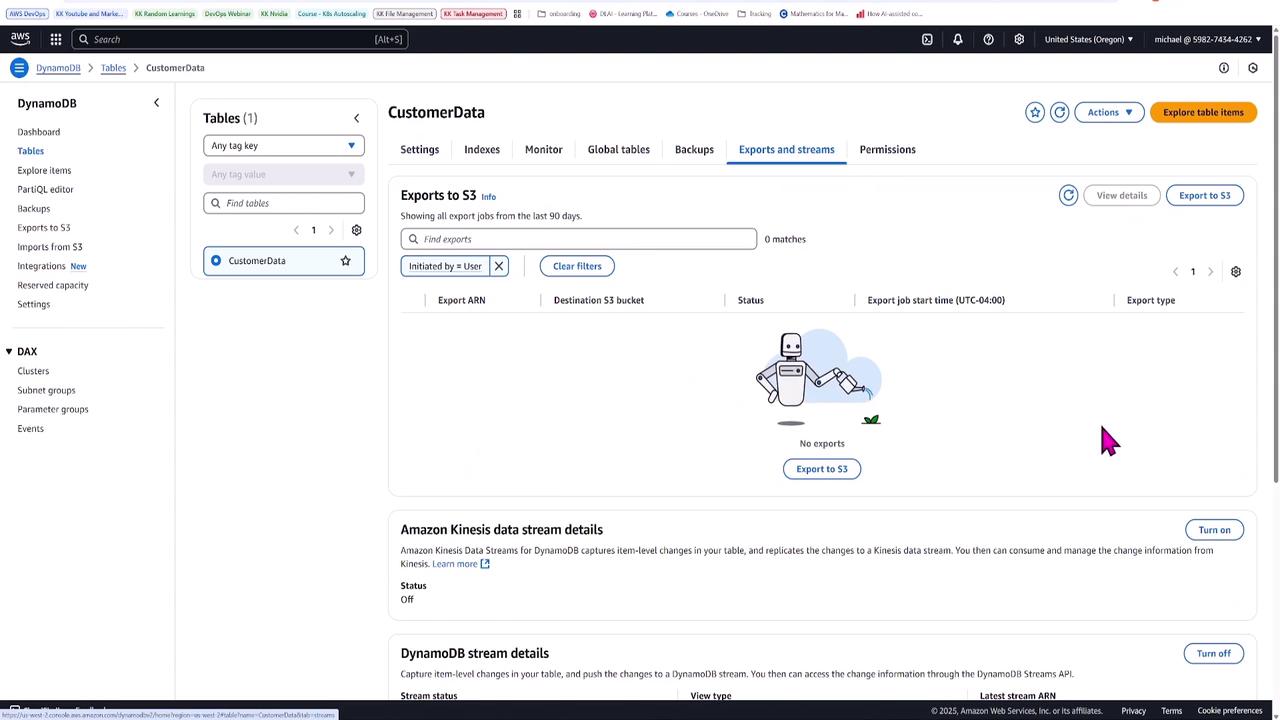 The image shows an AWS DynamoDB console interface focused on the "Exports and streams" tab for a table named "CustomerData," with options to export data to S3 and details about Amazon Kinesis and DynamoDB streams.