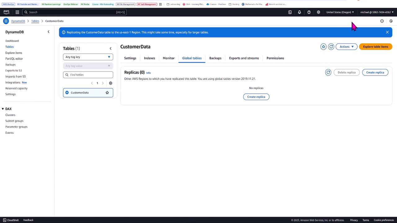 The image shows an AWS DynamoDB console screen, specifically the "Global tables" tab for a table named "CustomerData," with options to create or delete replicas.