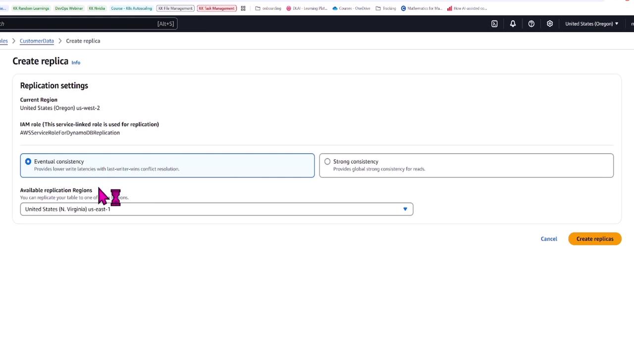 The image shows a web interface for creating a replica in AWS, with options for selecting replication settings such as consistency type and available regions.