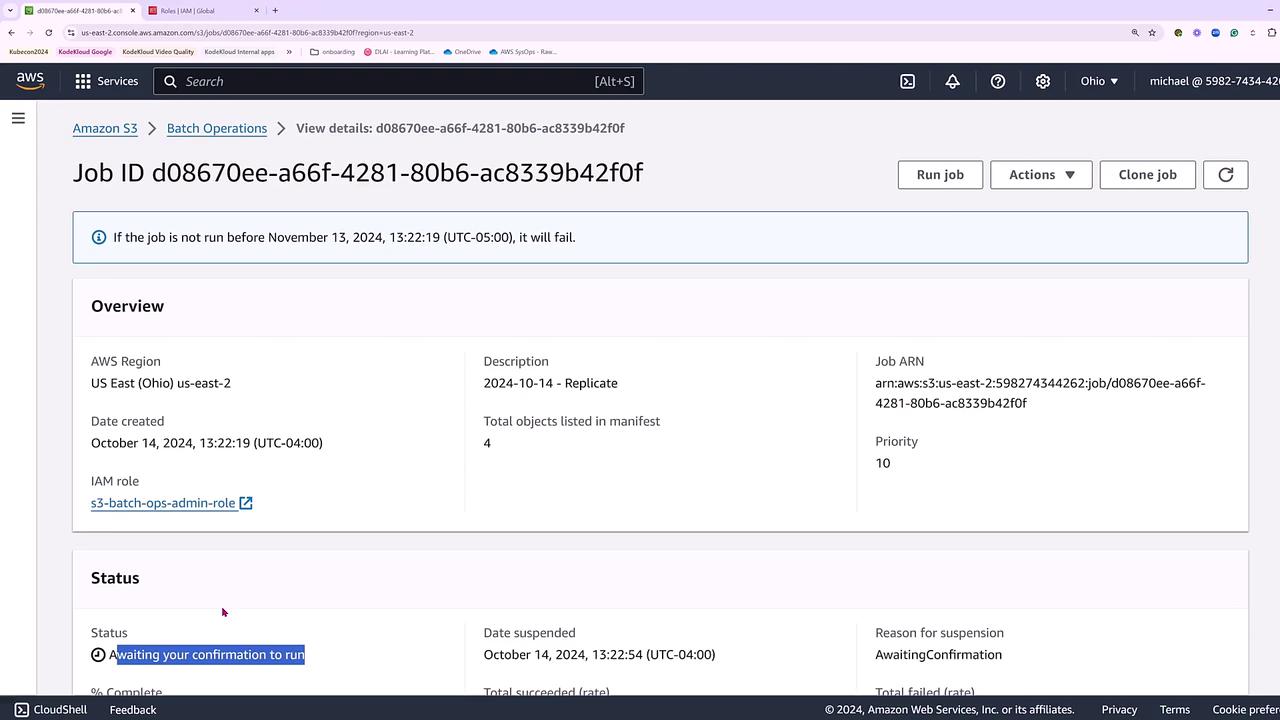 The image shows an Amazon S3 Batch Operations job details page, displaying information such as job ID, description, AWS region, and status. The job is awaiting confirmation to run.