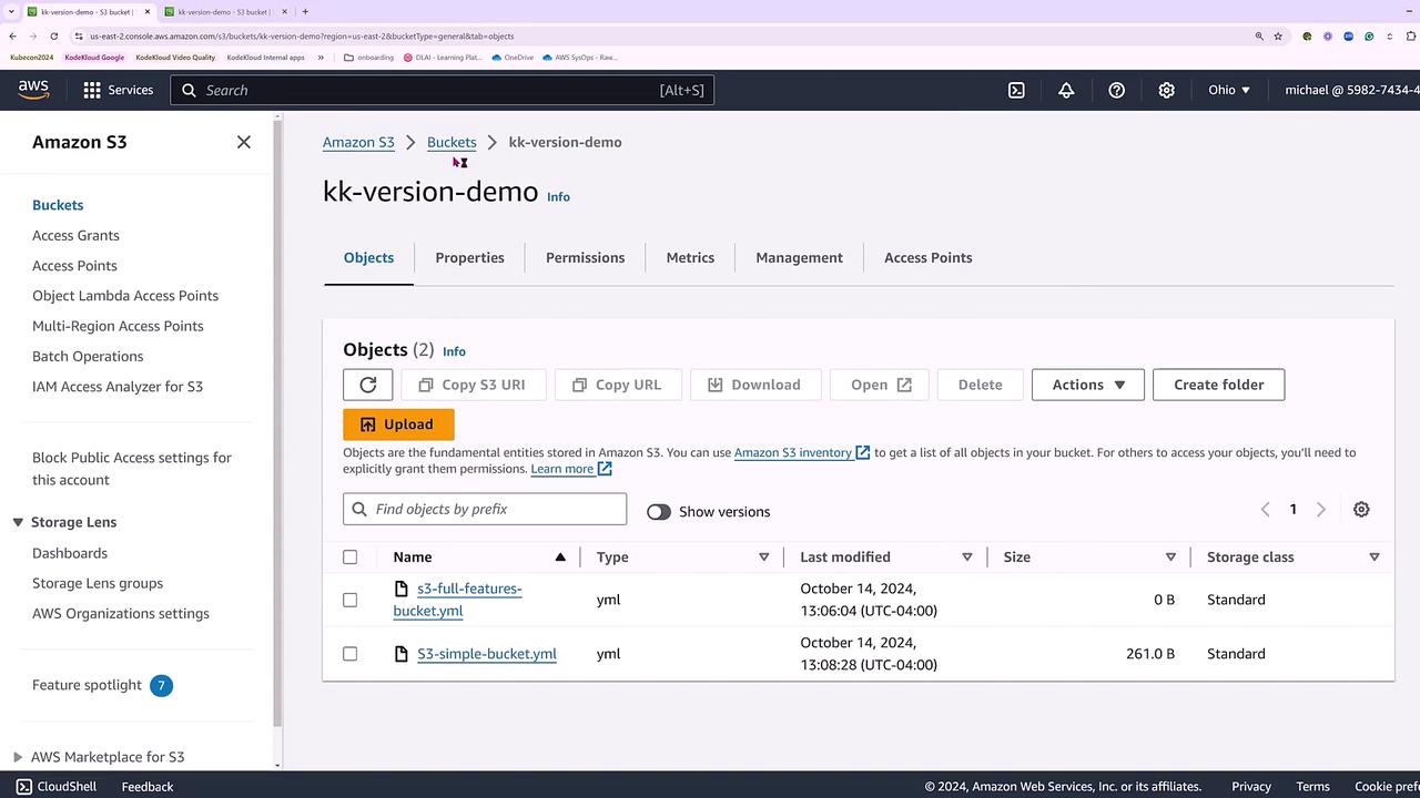 The image shows an Amazon S3 console with a bucket named "kk-version-demo" containing two YAML files. The interface displays options for managing objects, including uploading, downloading, and deleting files.