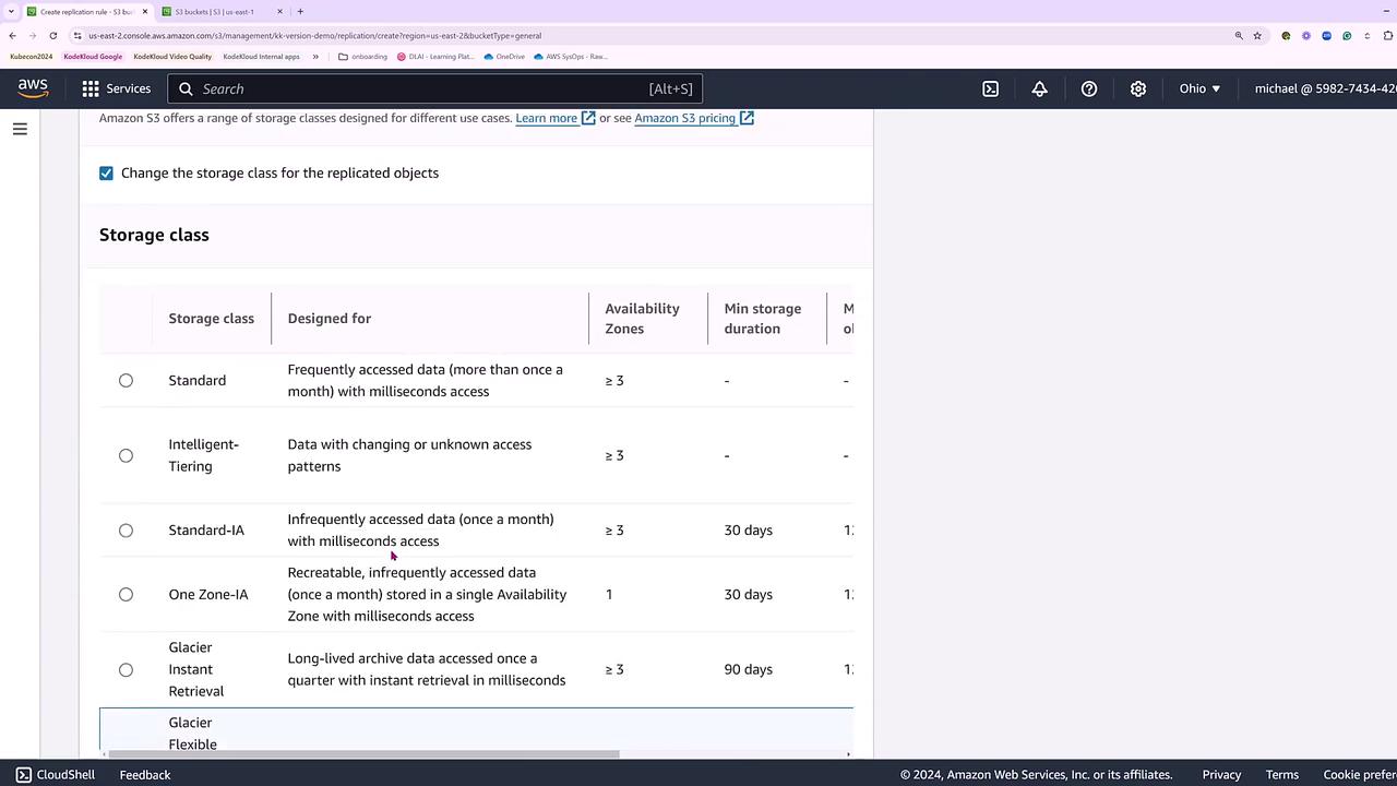 The image shows an Amazon S3 management console screen displaying different storage class options, including Standard, Intelligent-Tiering, and Glacier, with details on their designed use, availability zones, and minimum storage duration.