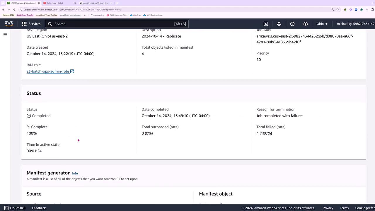 The image shows an AWS console screen displaying the status of a batch operation job. The job is completed with failures, with 0% success and 100% failure rate.