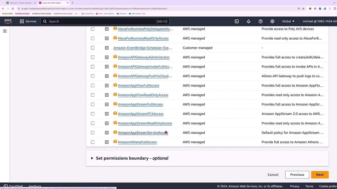 The image shows an AWS IAM console screen listing various roles and their management types, such as AWS managed and customer managed. The roles include permissions for services like Alexa, Amazon API Gateway, and Amazon AppStream.