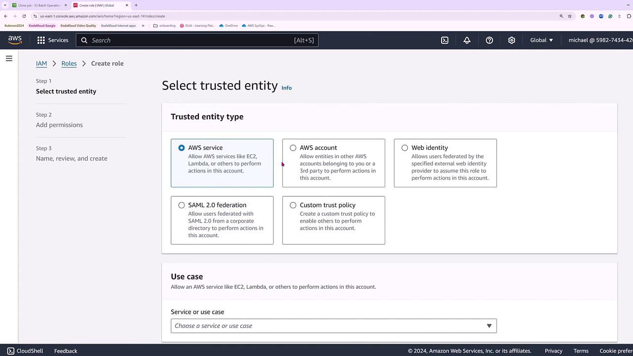 The image shows an AWS IAM interface for creating a role, where the user is selecting a trusted entity type, such as AWS service, AWS account, web identity, SAML 2.0 federation, or custom trust policy.
