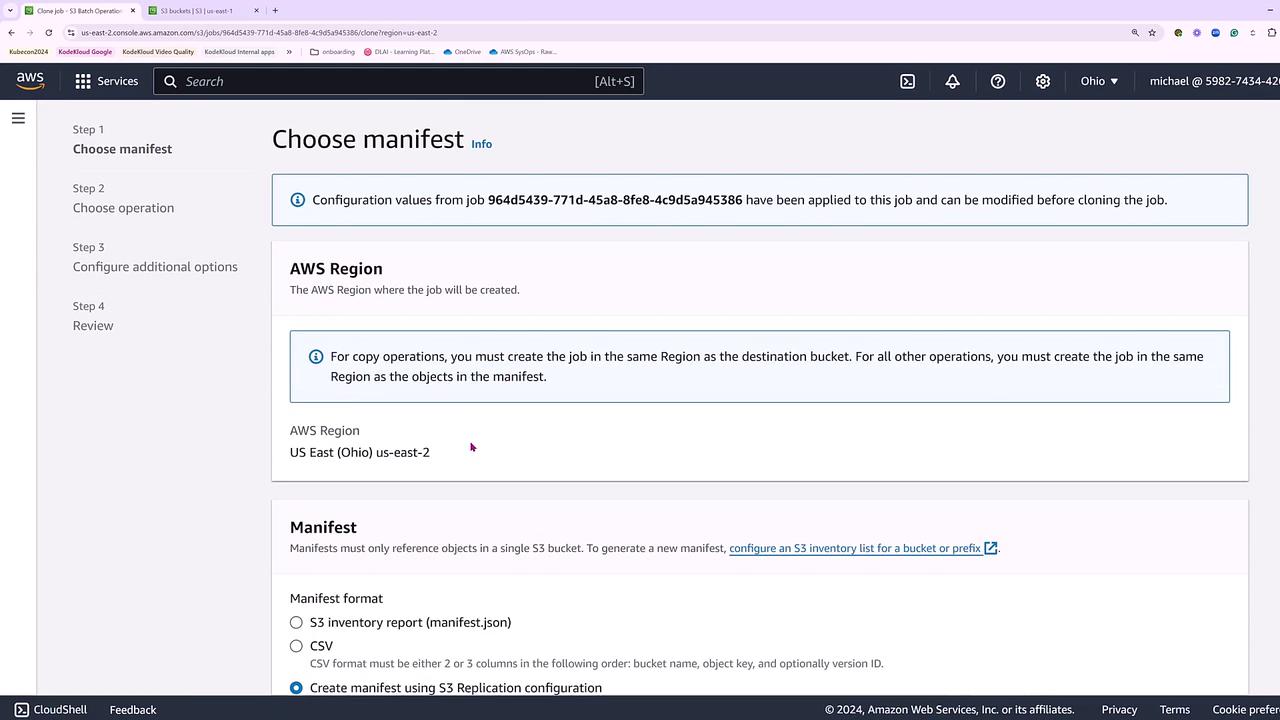 The image shows an AWS console interface for configuring an S3 batch operation job, specifically the "Choose manifest" step, with options for selecting the AWS region and manifest format.