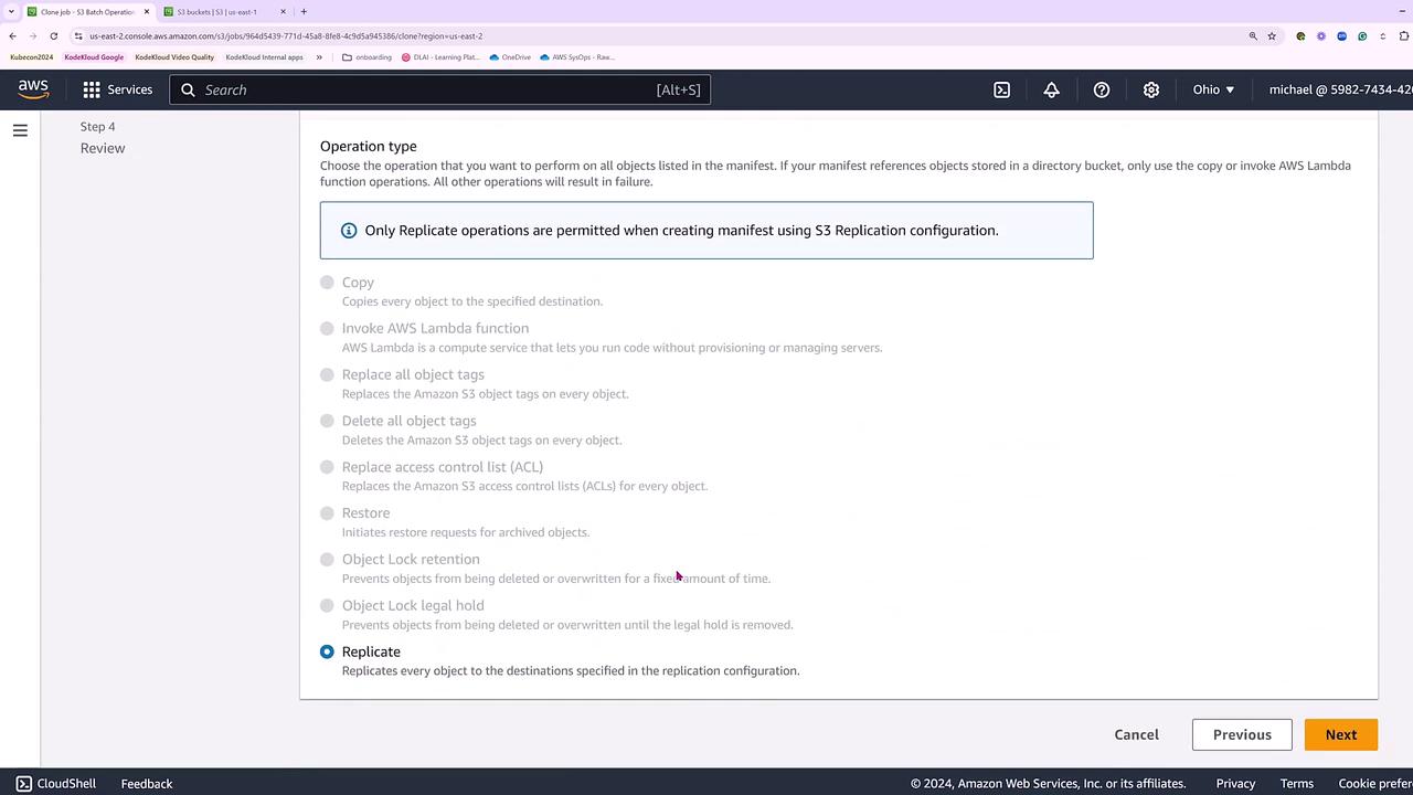 The image shows an AWS S3 Batch Operations interface, specifically the "Operation type" selection screen, with "Replicate" selected as the operation. It includes a note that only replicate operations are permitted when using S3 Replication configuration.