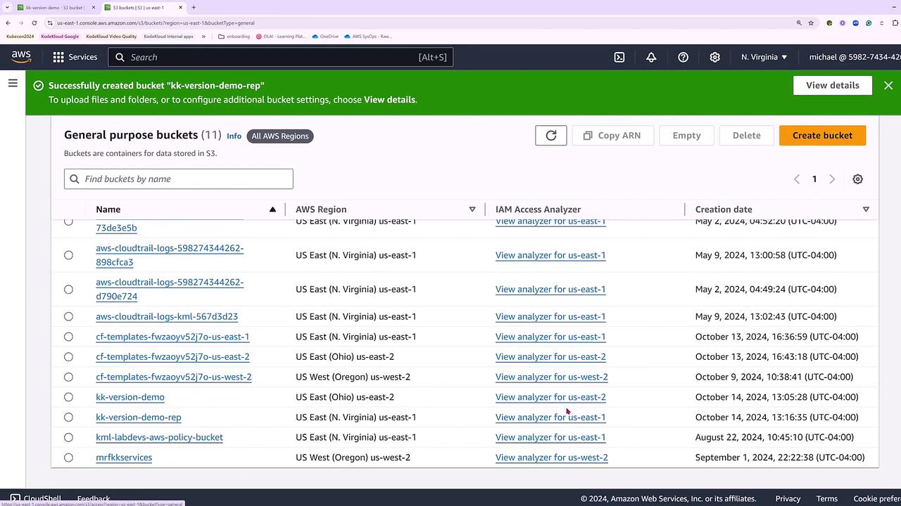 The image shows an AWS S3 console with a list of general-purpose buckets, including details like bucket names, AWS regions, and creation dates. A green notification bar indicates a bucket was successfully created.