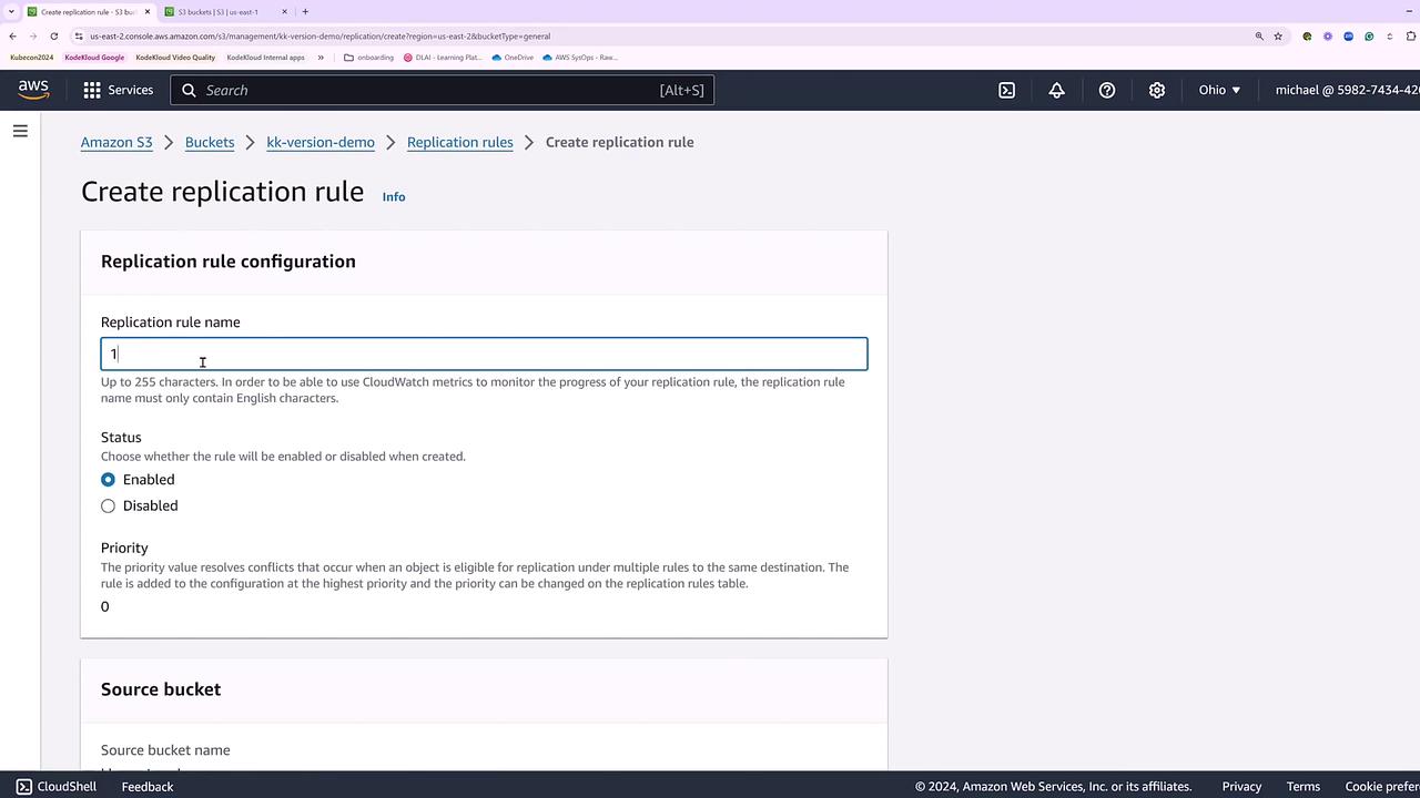 The image shows an AWS S3 console screen for creating a replication rule, with fields for naming the rule, setting its status, and priority.
