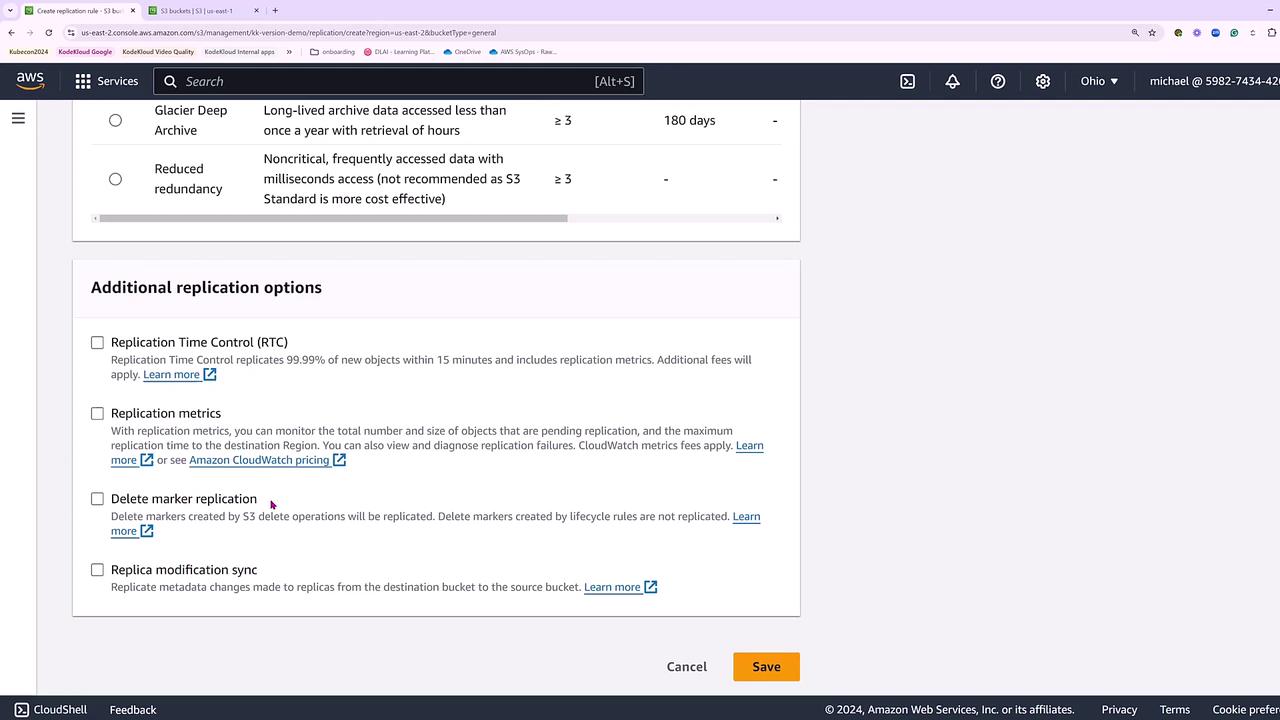 The image shows an AWS S3 management console screen with options for configuring additional replication settings, such as Replication Time Control, Replication Metrics, Delete Marker Replication, and Replica Modification Sync.