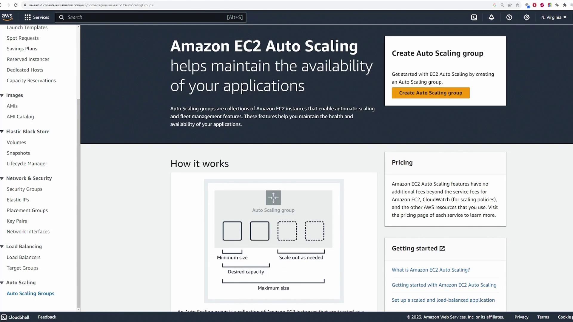 The image shows an Amazon EC2 Auto Scaling webpage, explaining its features and benefits, with options to create an Auto Scaling group and information on pricing and getting started.