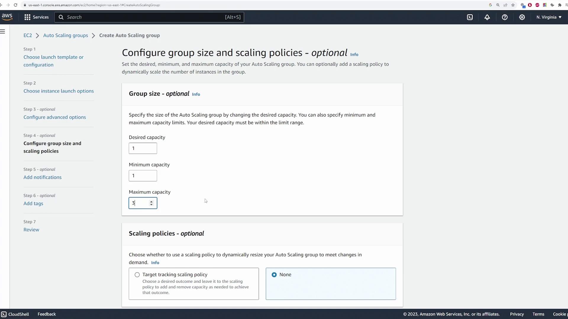 The image shows a configuration screen for setting group size and scaling policies in an AWS Auto Scaling group, with options for desired, minimum, and maximum capacity. There are also options for scaling policies, including target tracking and none.