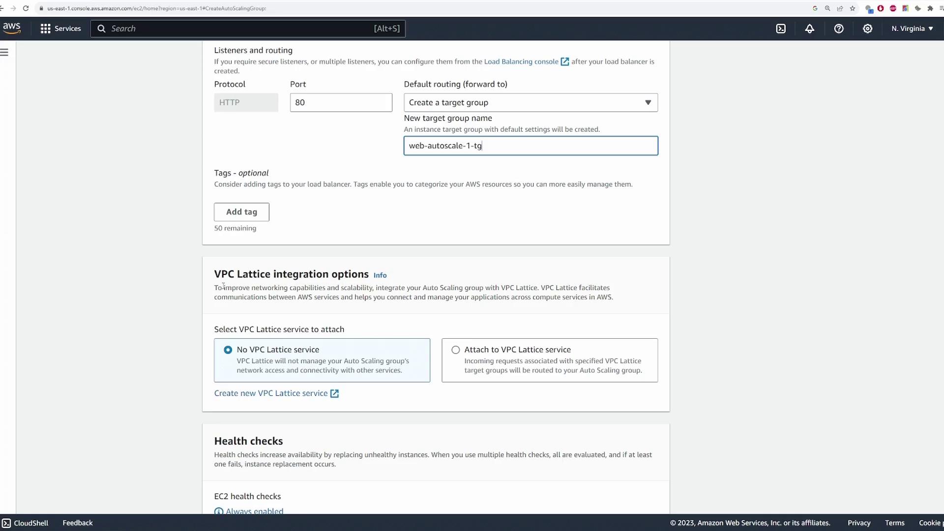 The image shows an AWS console interface for configuring an Auto Scaling group, including options for listeners, routing, VPC Lattice integration, and health checks.