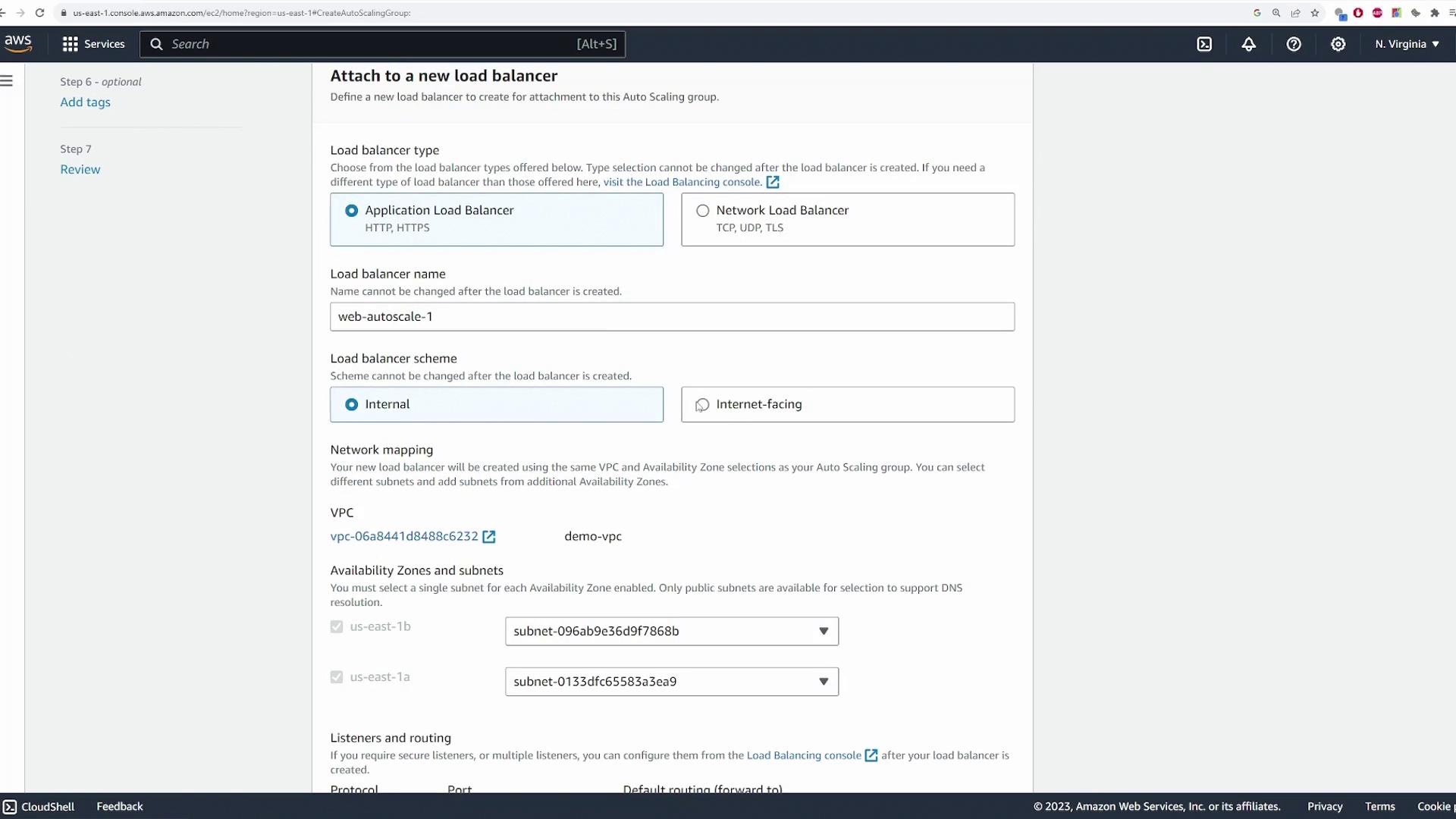 The image shows an AWS console interface for attaching a new load balancer to an auto-scaling group, with options for load balancer type, name, scheme, and network mapping.