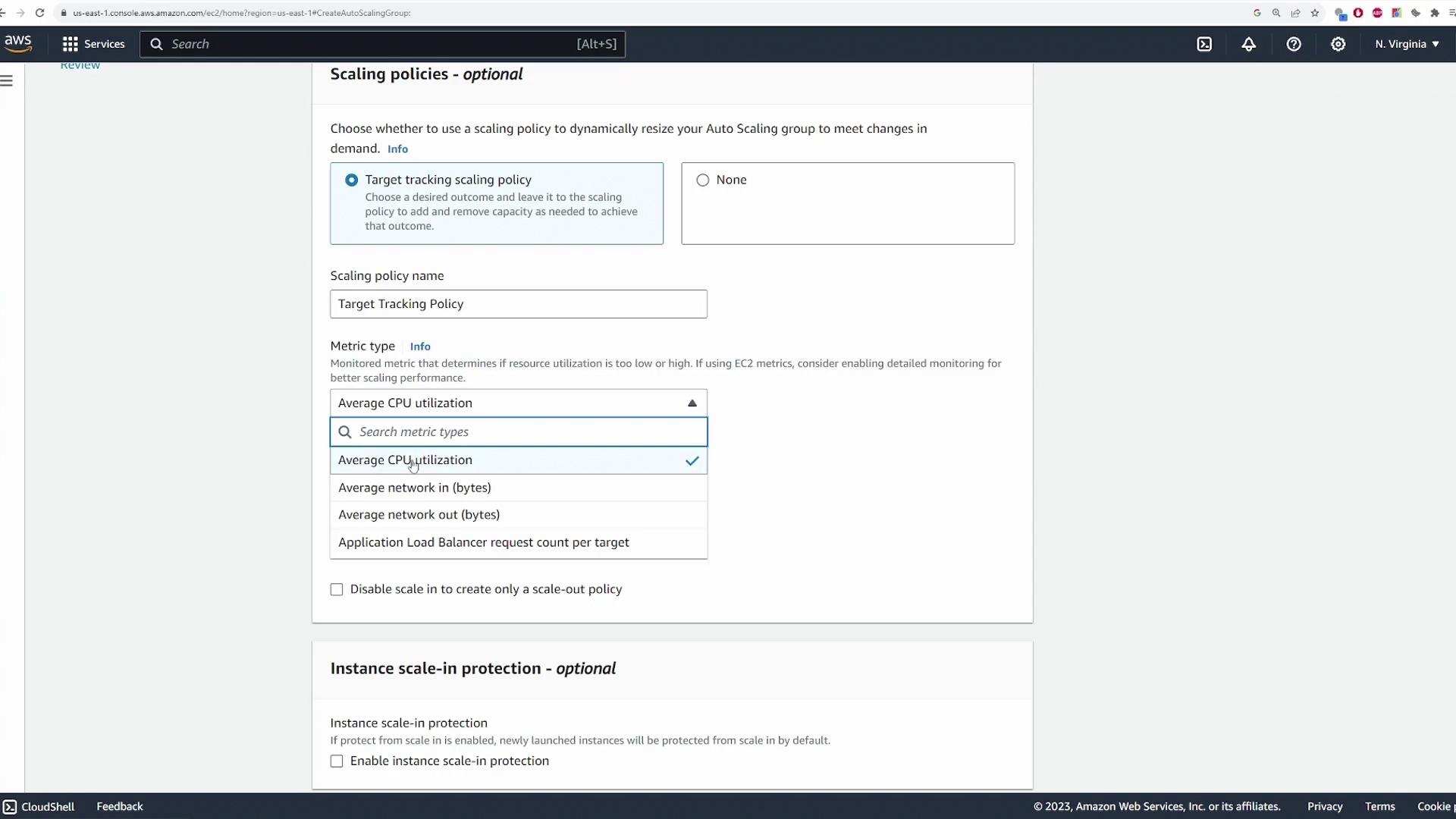 The image shows an AWS console screen for configuring scaling policies, with options for setting a target tracking scaling policy and selecting a metric type like average CPU utilization.